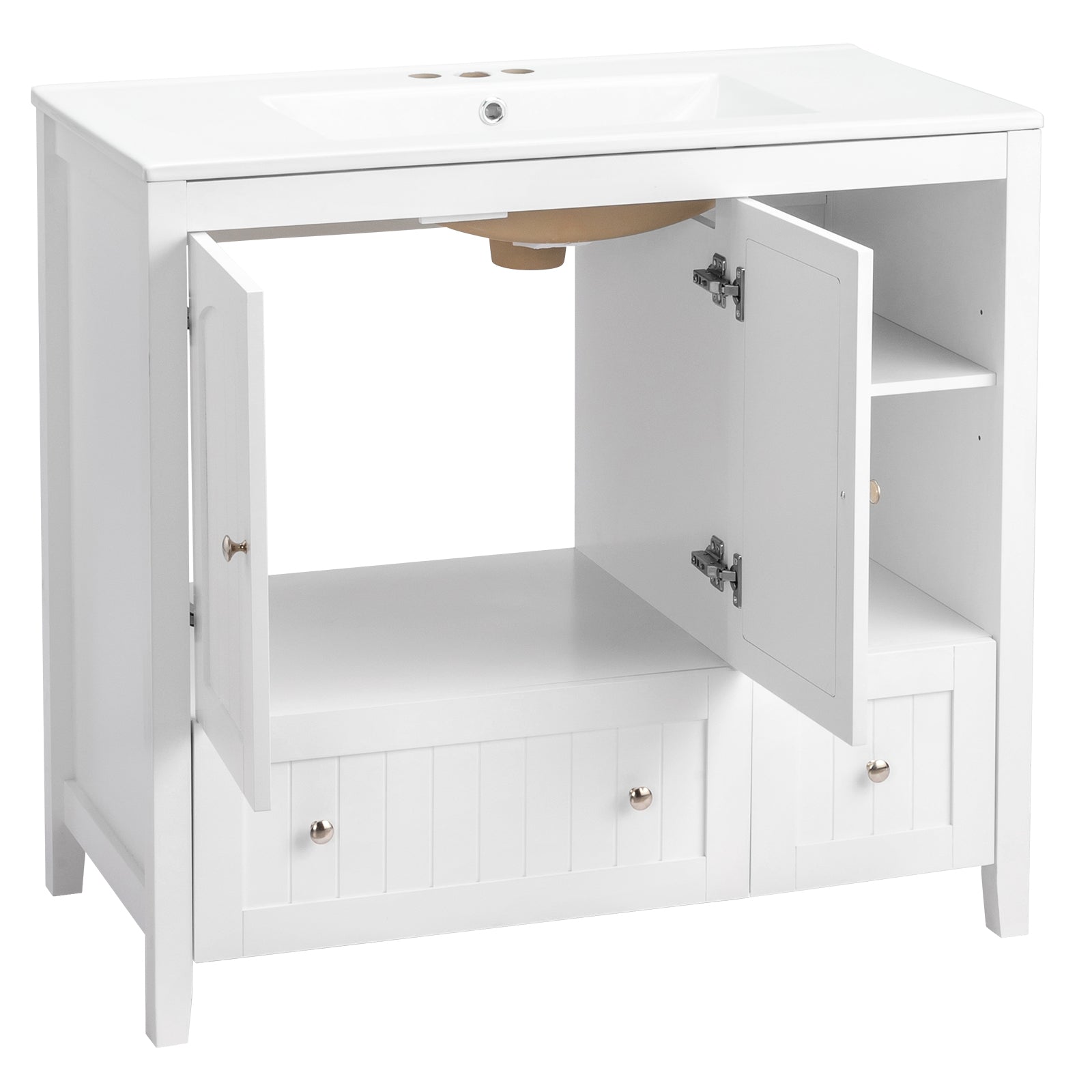 Haoyye White MDF Bathroom Vanity Cabinet, Double Door, Double Drawer Design with Decorative Strips, Elegant Moisture-Resistant Storage Solution for Modern Bathrooms, Easy to Maintain and Stylishly Compact
