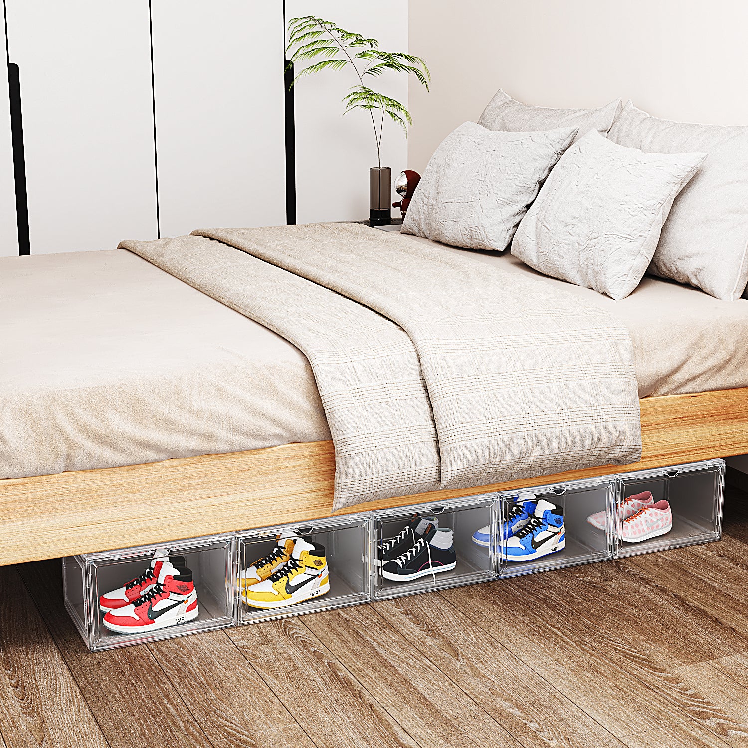 HAOYYE 3-Piece Large White Plastic Mesh Shoe Box Set Modular Design for Home Storage Durable Breathable Stackable Organizer Perfect for Closets Entryways and Shelves