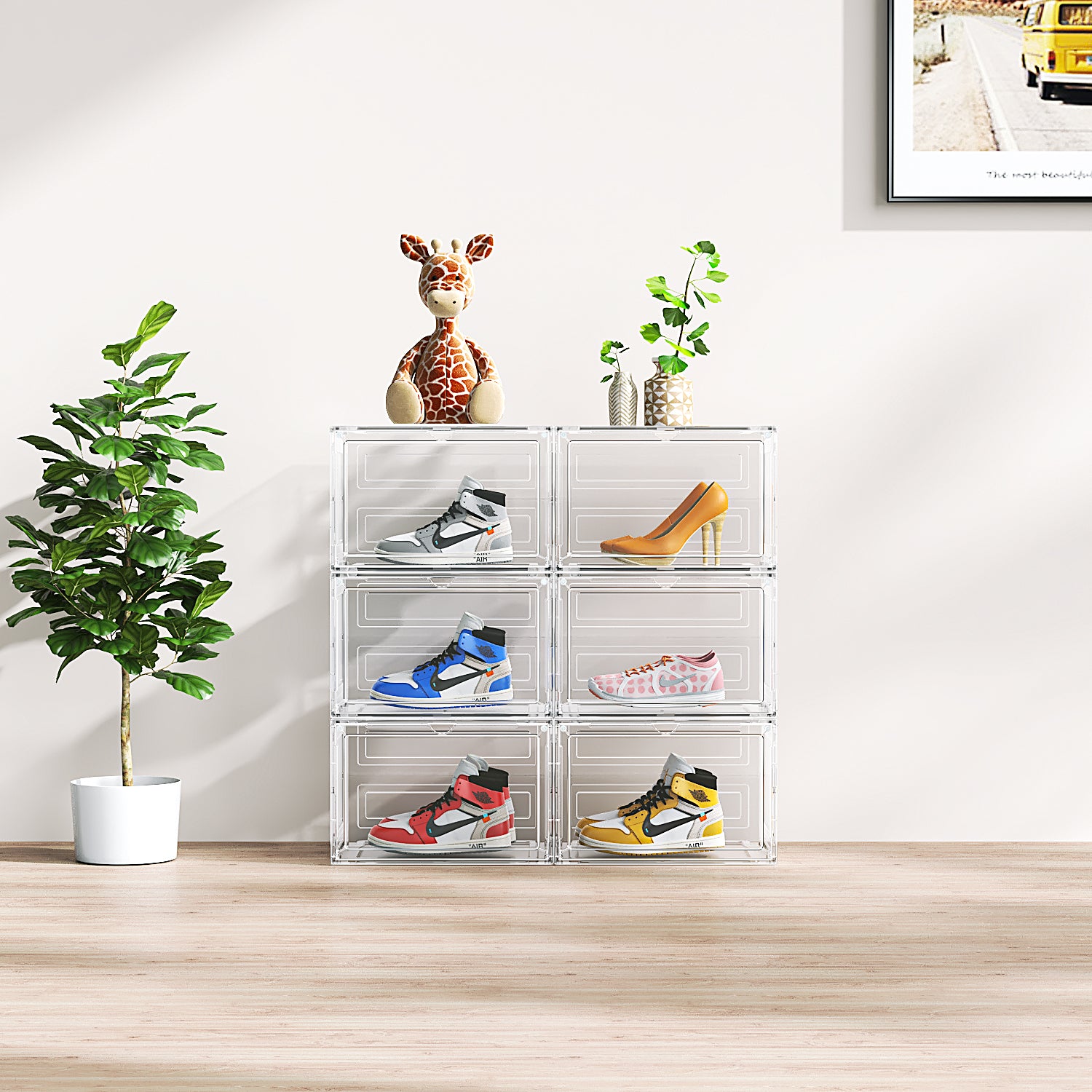 HAOYYE 3-Piece Large White Plastic Mesh Shoe Box Set Modular Design for Home Storage Durable Breathable Stackable Organizer Perfect for Closets Entryways and Shelves