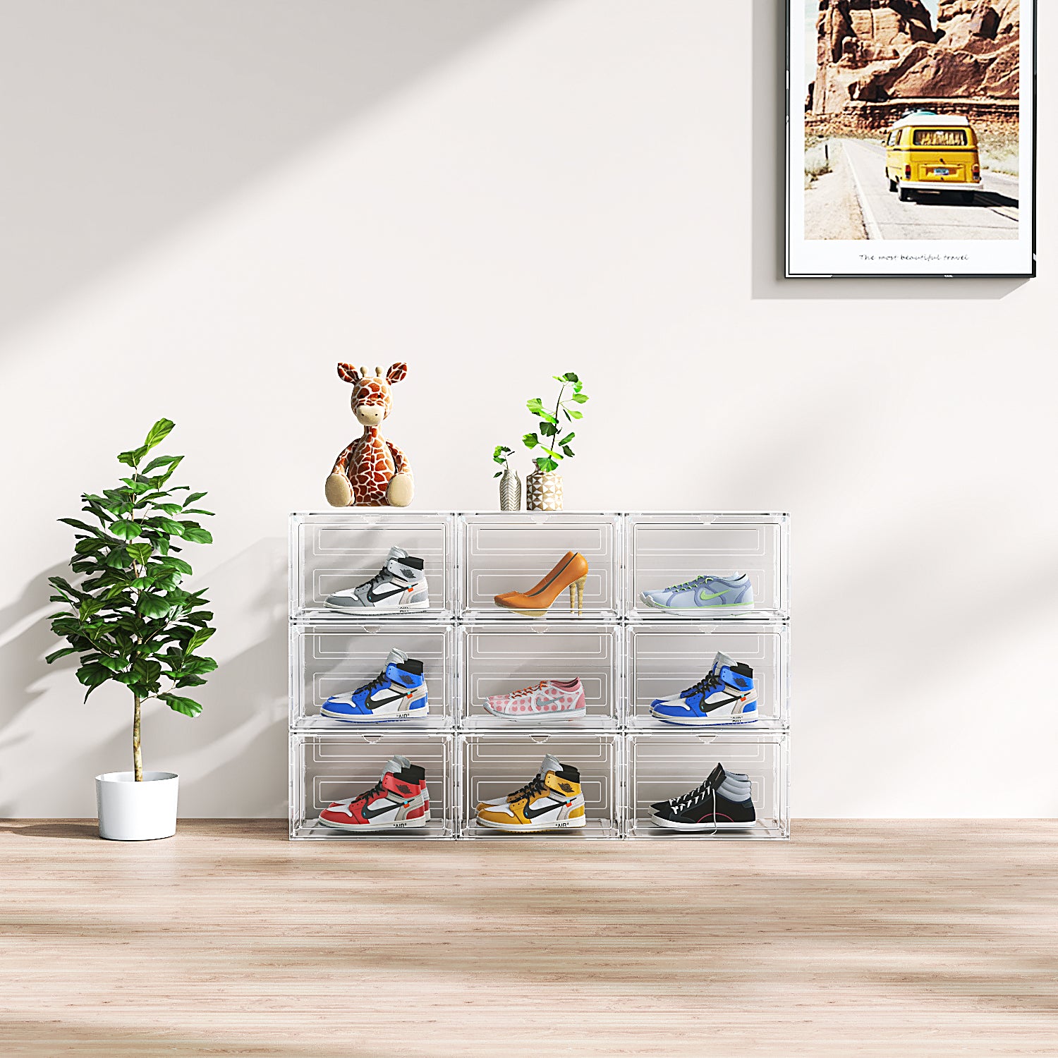 HAOYYE 3-Piece Large White Plastic Mesh Shoe Box Set Modular Design for Home Storage Durable Breathable Stackable Organizer Perfect for Closets Entryways and Shelves