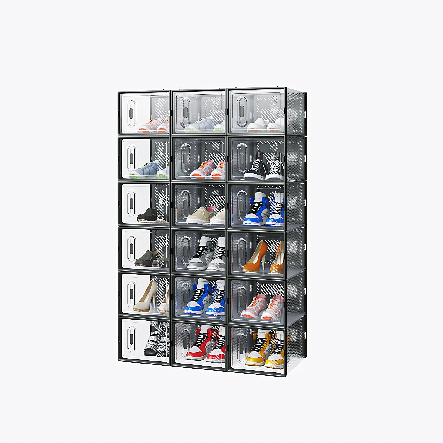HAOYYE 18-Piece Medium Black Plastic Mesh Shoe Box Set with Modular Stackable Design, Durable and Breathable Storage Solution for Home Organization, Closet, Dorm, and Space-Saving Shoe Storage