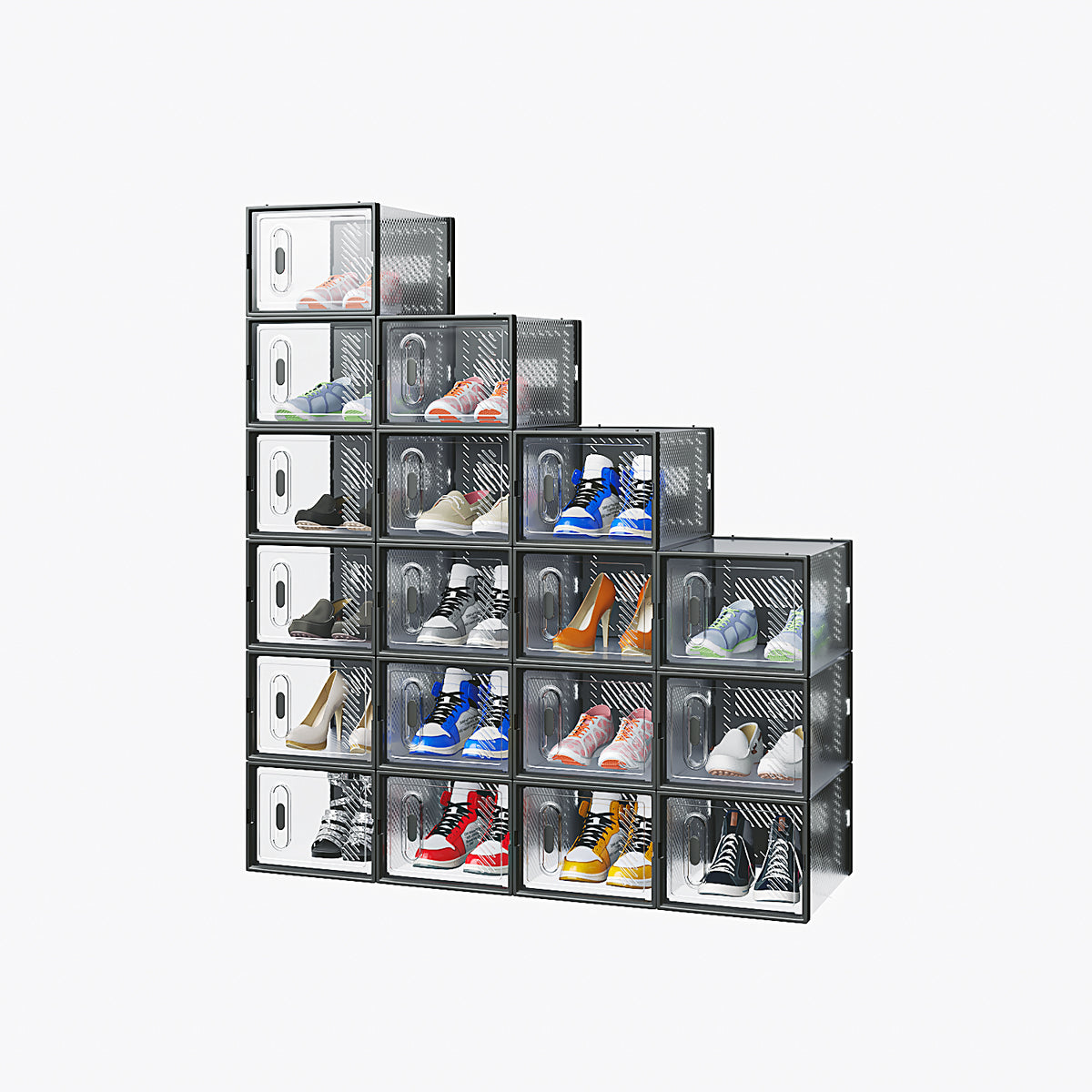 HAOYYE 18-Piece Medium Black Plastic Mesh Shoe Box Set with Modular Stackable Design, Durable and Breathable Storage Solution for Home Organization, Closet, Dorm, and Space-Saving Shoe Storage