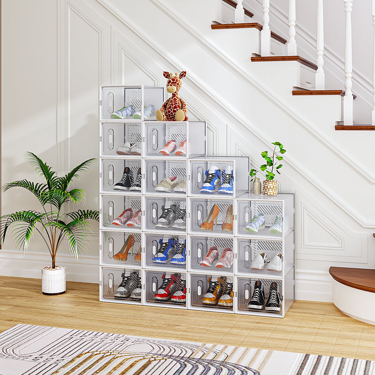 HAOYYE 18-Piece Medium White Plastic Mesh Shoe Box Set with Modular Stackable Design, Durable and Breathable Storage Solution for Home Organization, Closet, Dorm, and Space-Saving Shoe Storage
