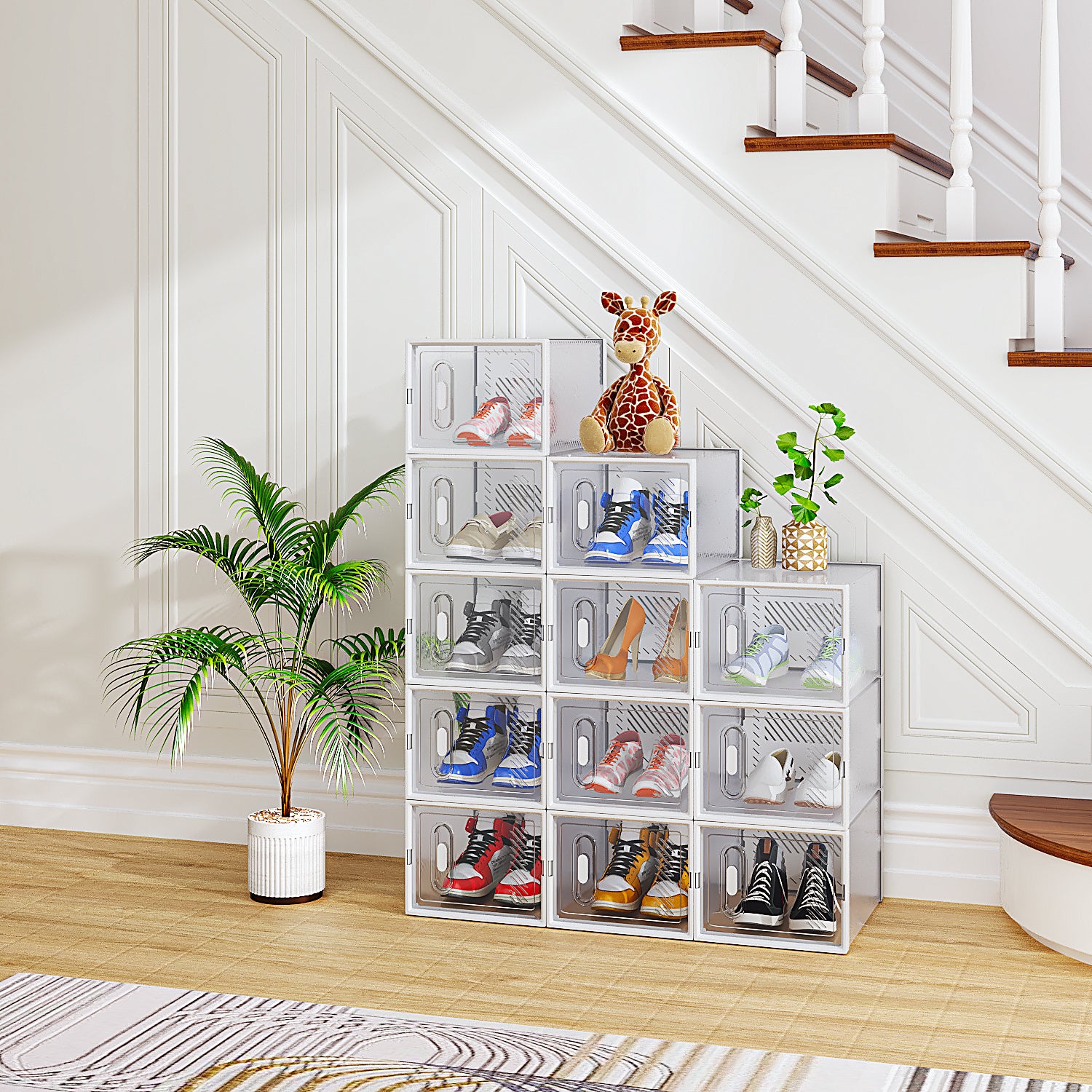 HAOYYE 12-Piece Medium White Plastic Mesh Shoe Box Set, Breathable Modular Stackable Organizer for Closet Entryway Under Bed Storage, Durable Home Storage Solution