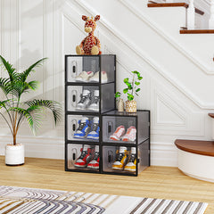 HAOYYE 6-Piece Medium Black Plastic Mesh Shoe Box Set, Modular Stackable Storage Organizer for Shoes and Accessories, Breathable Durable Design Ideal for Home Closet, Entryway, or Dorm Room Organization