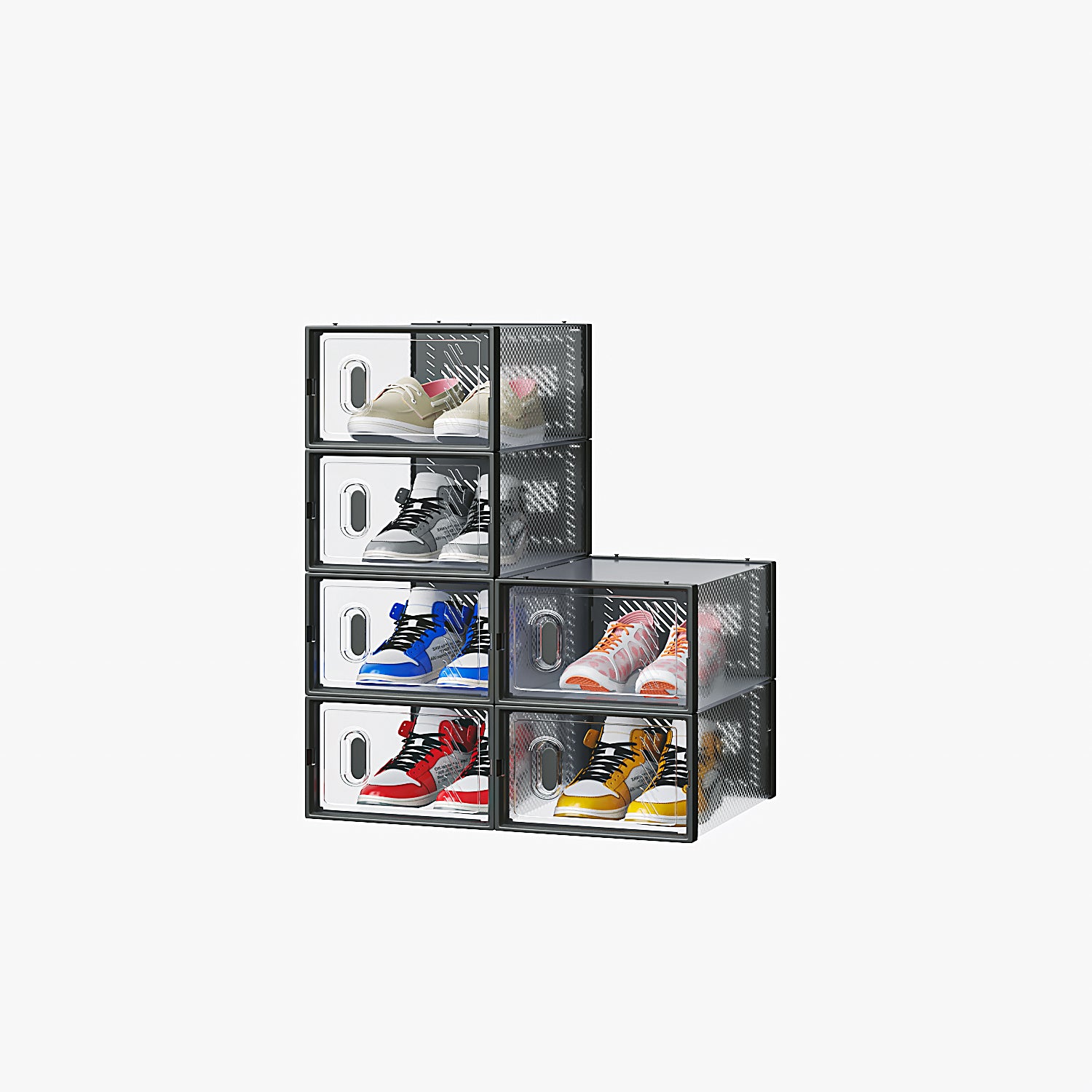 HAOYYE 6-Piece Small Black Plastic Mesh Shoe Box Set Modular Stackable Storage Containers Durable and Breathable Design Perfect for Home Organization and Closet Storage