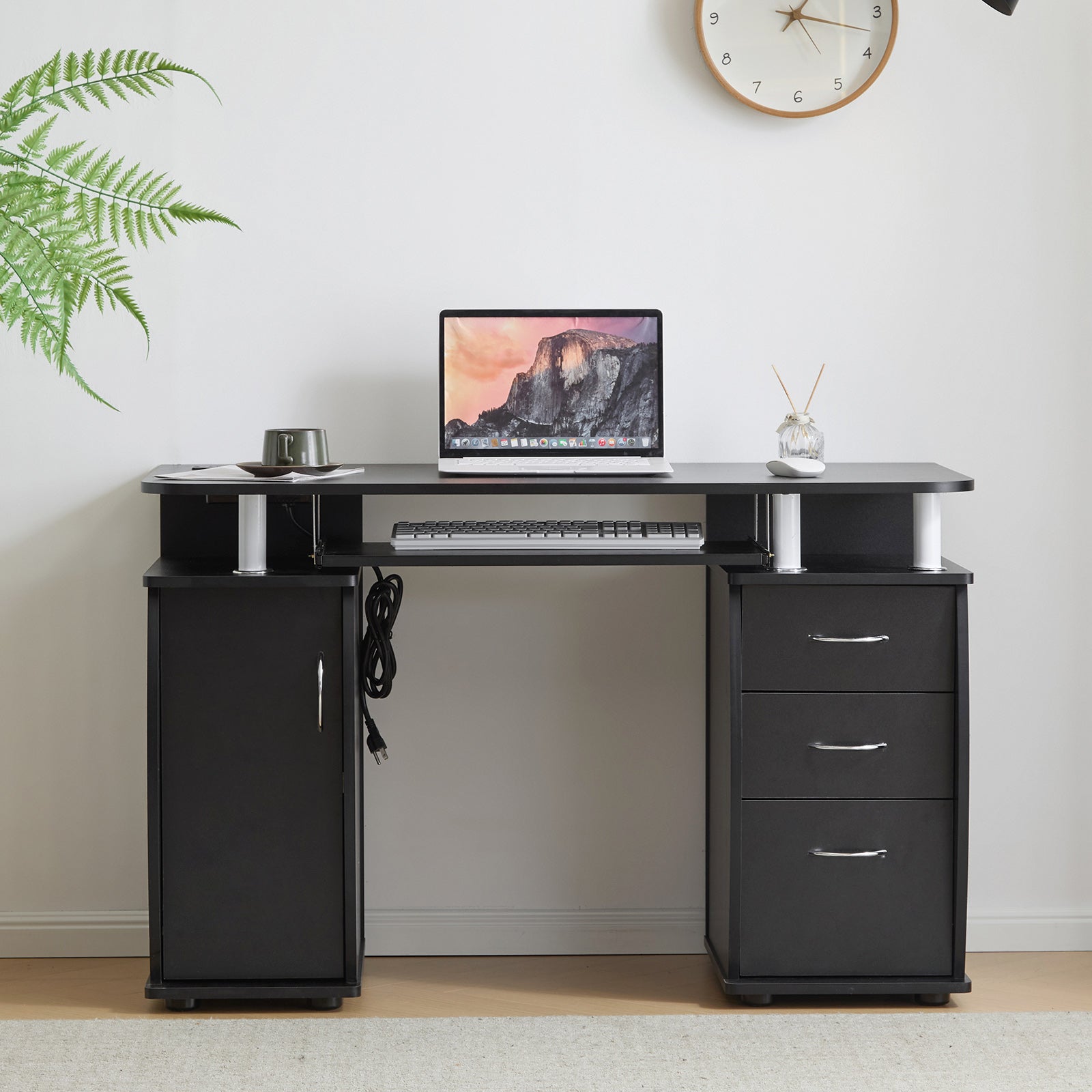 Haoyye PB Wood Computer Desk with One Door and Three Drawers, Portable, Sturdy, and Stylish Black Workspace for Home Offices, Small Apartments, and Dorms, Durable 15mm PB Wood for Long-Lasting Use