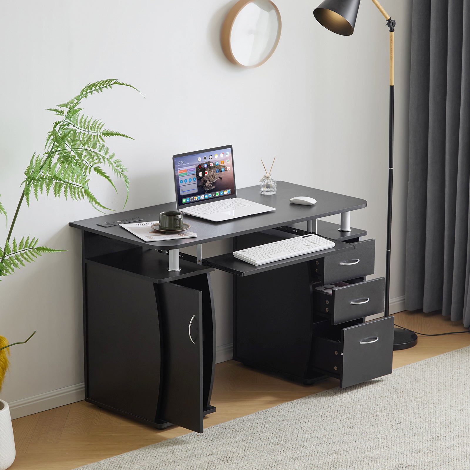 Haoyye PB Wood Computer Desk with One Door and Three Drawers, Portable, Sturdy, and Stylish Black Workspace for Home Offices, Small Apartments, and Dorms, Durable 15mm PB Wood for Long-Lasting Use