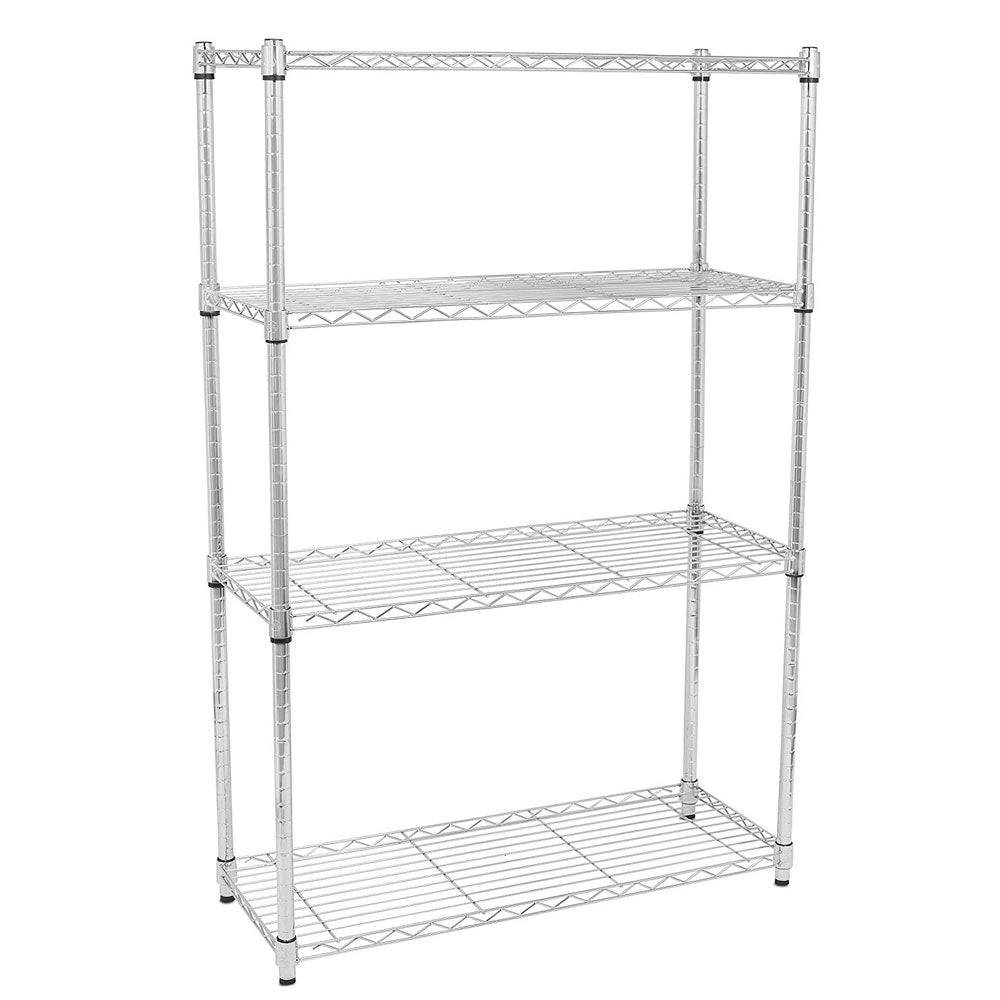 HAOYYE 4-Layer Chrome Plated Iron Shelf Silver Heavy Duty Storage Rack with Adjustable Feet for Garage Kitchen Pantry Basement Office Durable Metal Wire Shelving Organizer Freestanding Utility Shelf Unit
