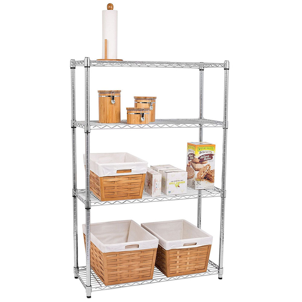 HAOYYE 4-Layer Chrome Plated Iron Shelf Silver Heavy Duty Storage Rack with Adjustable Feet for Garage Kitchen Pantry Basement Office Durable Metal Wire Shelving Organizer Freestanding Utility Shelf Unit