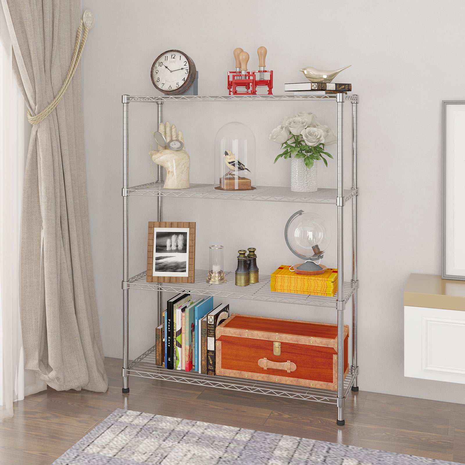 HAOYYE 4-Layer Chrome Plated Iron Shelf Silver Heavy Duty Storage Rack with Adjustable Feet for Garage Kitchen Pantry Basement Office Durable Metal Wire Shelving Organizer Freestanding Utility Shelf Unit