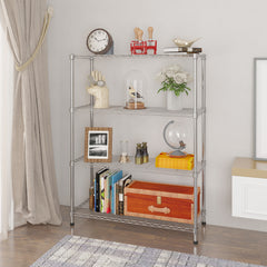 HAOYYE 4-Layer Chrome Plated Iron Shelf Silver Heavy Duty Storage Rack with Adjustable Feet for Garage Kitchen Pantry Basement Office Durable Metal Wire Shelving Organizer Freestanding Utility Shelf Unit