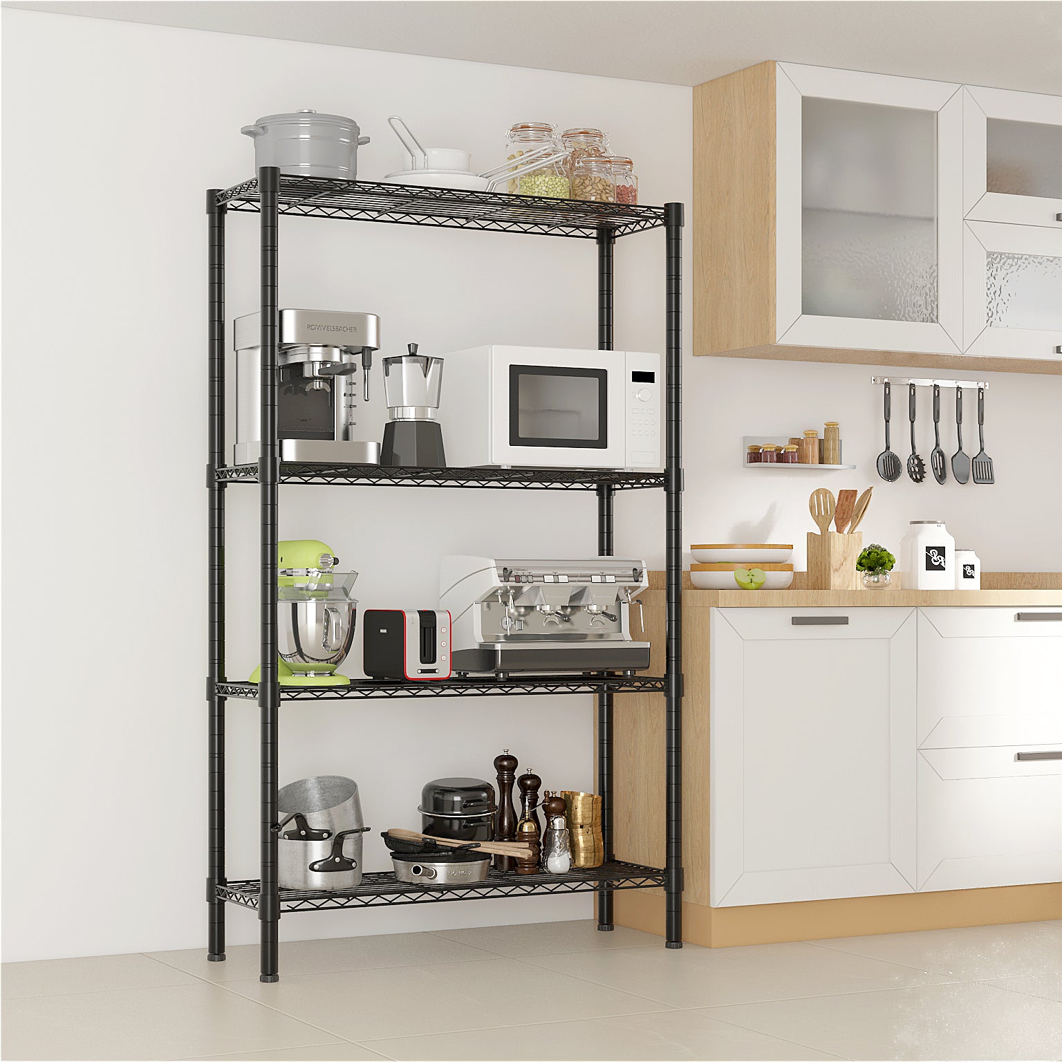 HAOYYE 4-Layer Black Plastic Coated Iron Shelf Heavy Duty Storage Rack Freestanding Utility Metal Shelving Unit with Adjustable Feet for Garage Kitchen Pantry Basement Office Durable Organizer for Tools Supplies Equipment