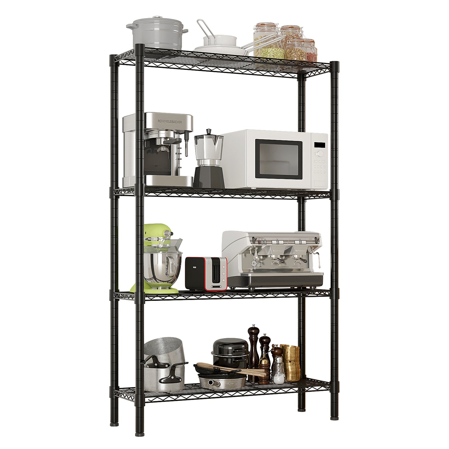 HAOYYE 4-Layer Black Plastic Coated Iron Shelf Heavy Duty Storage Rack Freestanding Utility Metal Shelving Unit with Adjustable Feet for Garage Kitchen Pantry Basement Office Durable Organizer for Tools Supplies Equipment