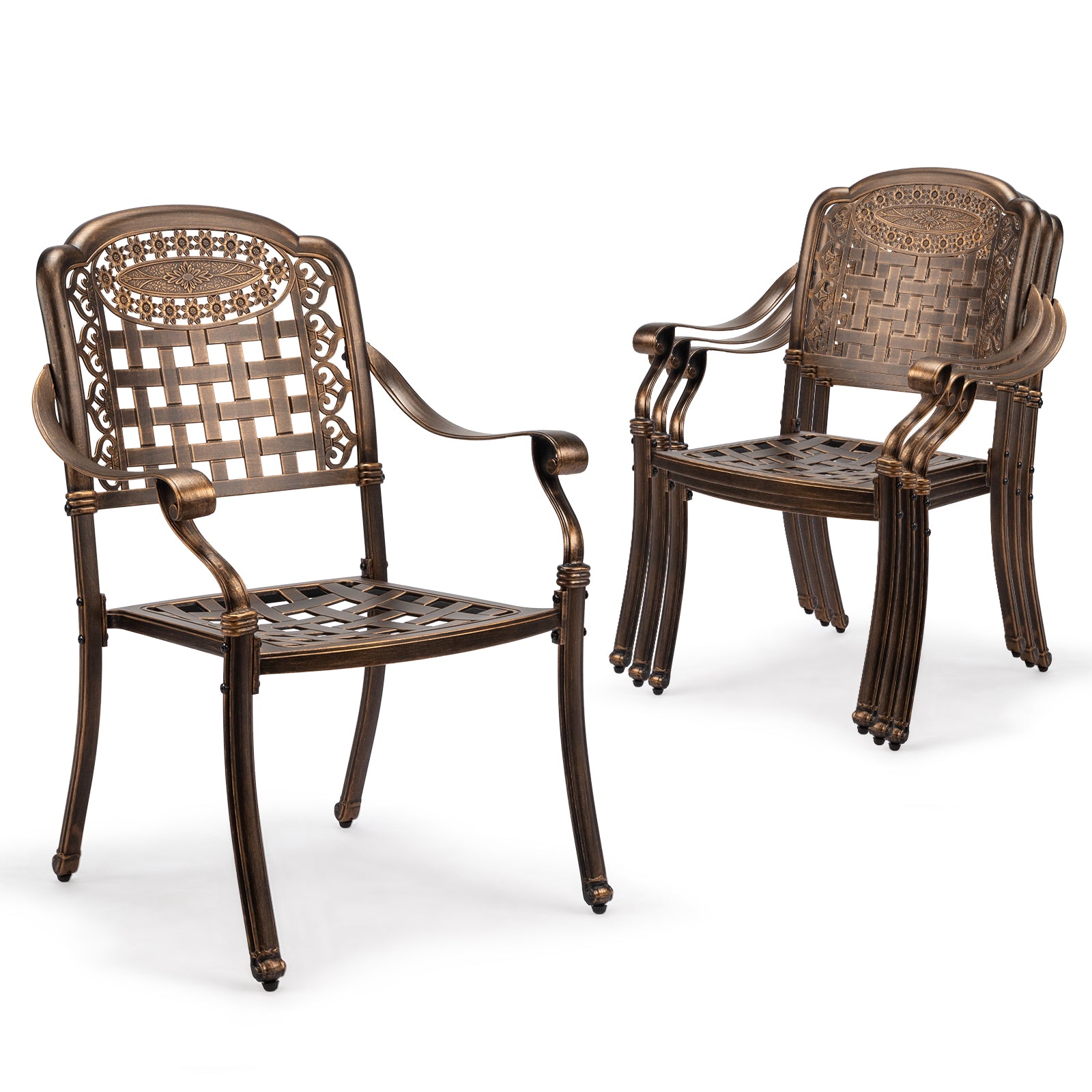 Haoyye Patio Chairs Set of 2, Stackable Outdoor Cast Aluminum Dining Chairs with Plaid Pattern and Vintage Bronze Finish, Weather Resistant Metal Armchairs for Balcony, Backyard, Deck, Porch or Poolside, No Cushion Included