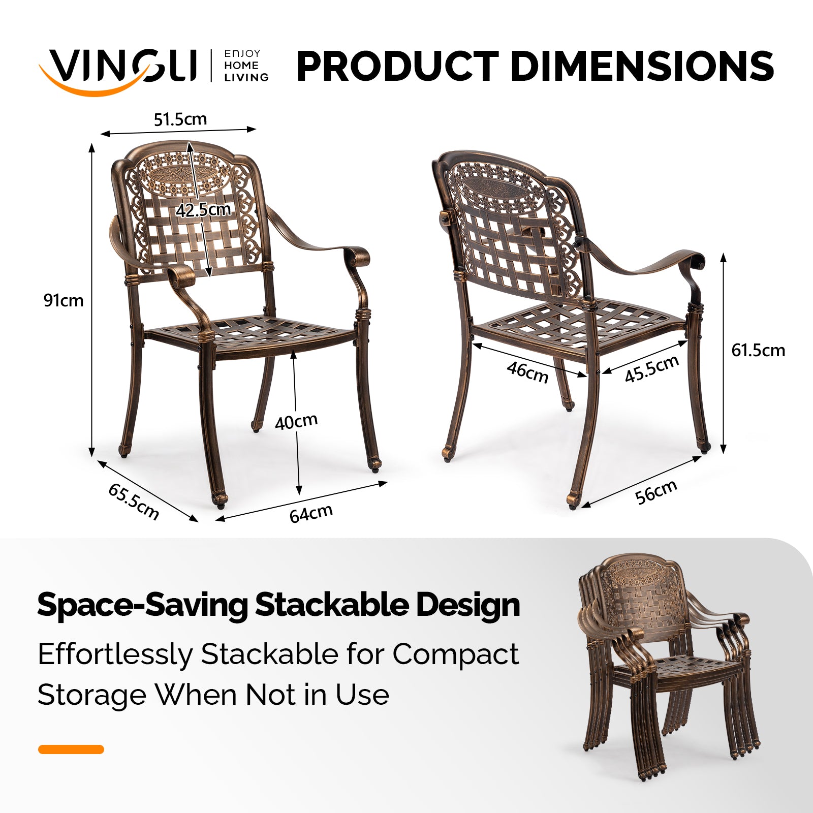 Haoyye Patio Chairs Set of 2, Stackable Outdoor Cast Aluminum Dining Chairs with Plaid Pattern and Vintage Bronze Finish, Weather Resistant Metal Armchairs for Balcony, Backyard, Deck, Porch or Poolside, No Cushion Included