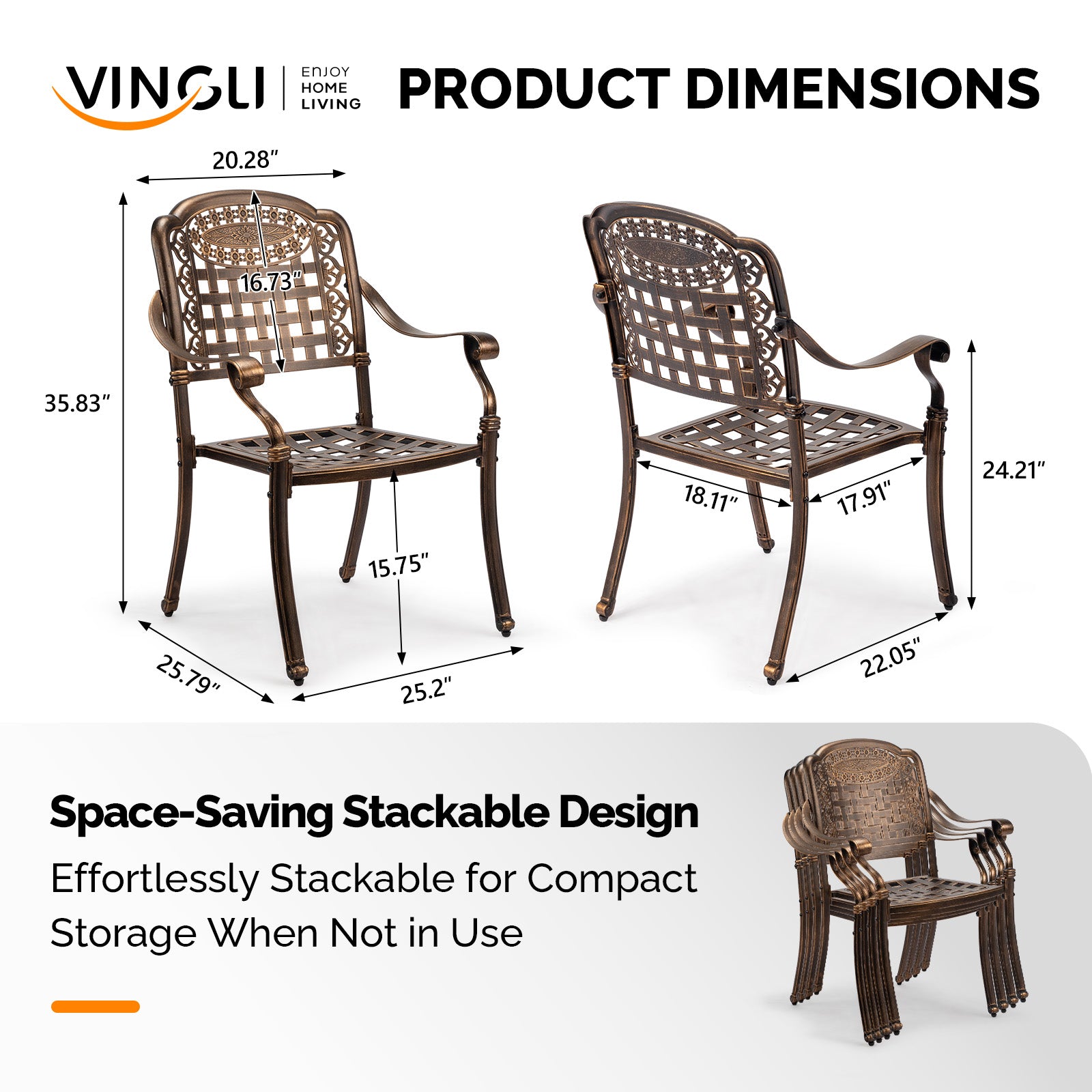 Haoyye Patio Chairs Set of 2, Stackable Outdoor Cast Aluminum Dining Chairs with Plaid Pattern and Vintage Bronze Finish, Weather Resistant Metal Armchairs for Balcony, Backyard, Deck, Porch or Poolside, No Cushion Included