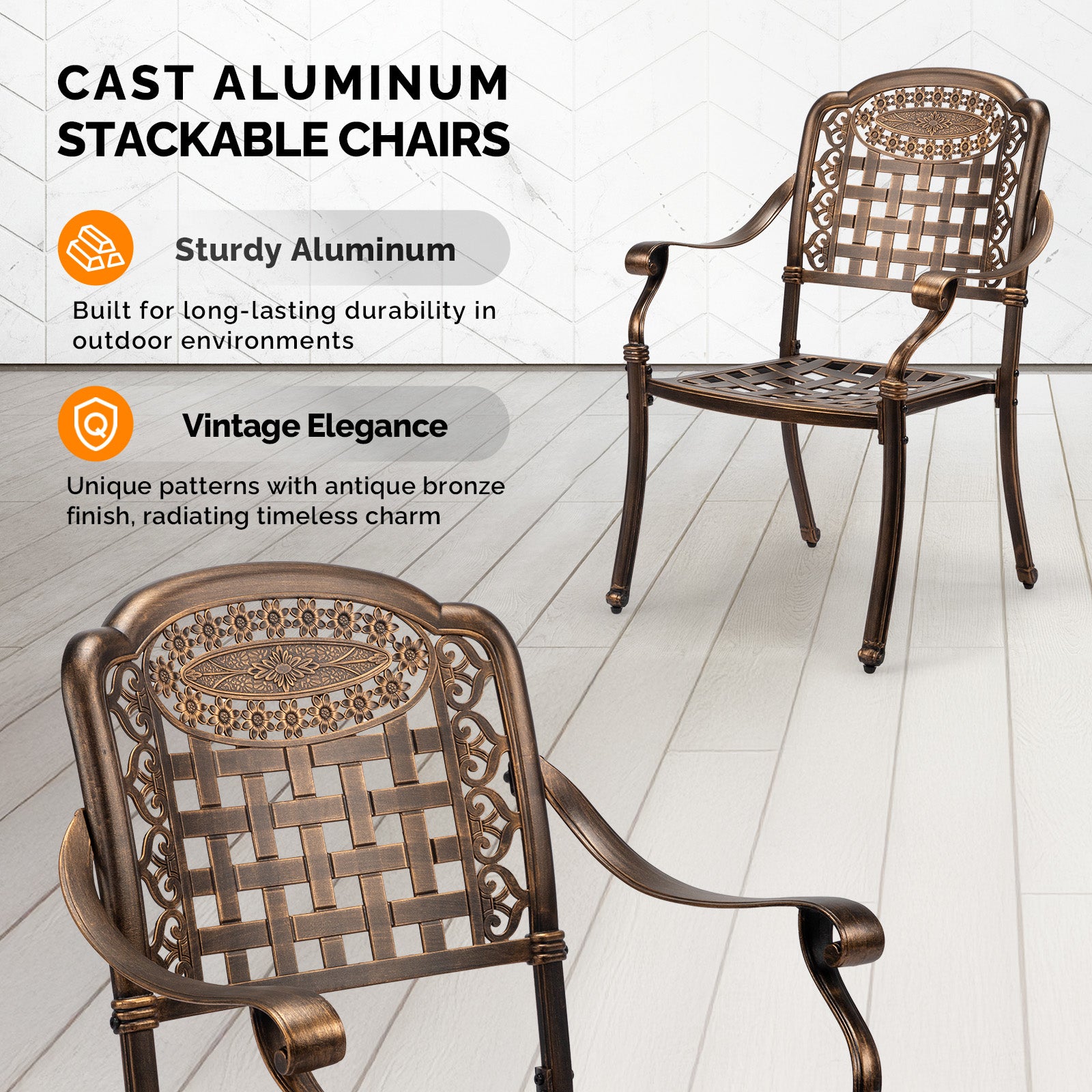 Haoyye Patio Chairs Set of 2, Stackable Outdoor Cast Aluminum Dining Chairs with Plaid Pattern and Vintage Bronze Finish, Weather Resistant Metal Armchairs for Balcony, Backyard, Deck, Porch or Poolside, No Cushion Included