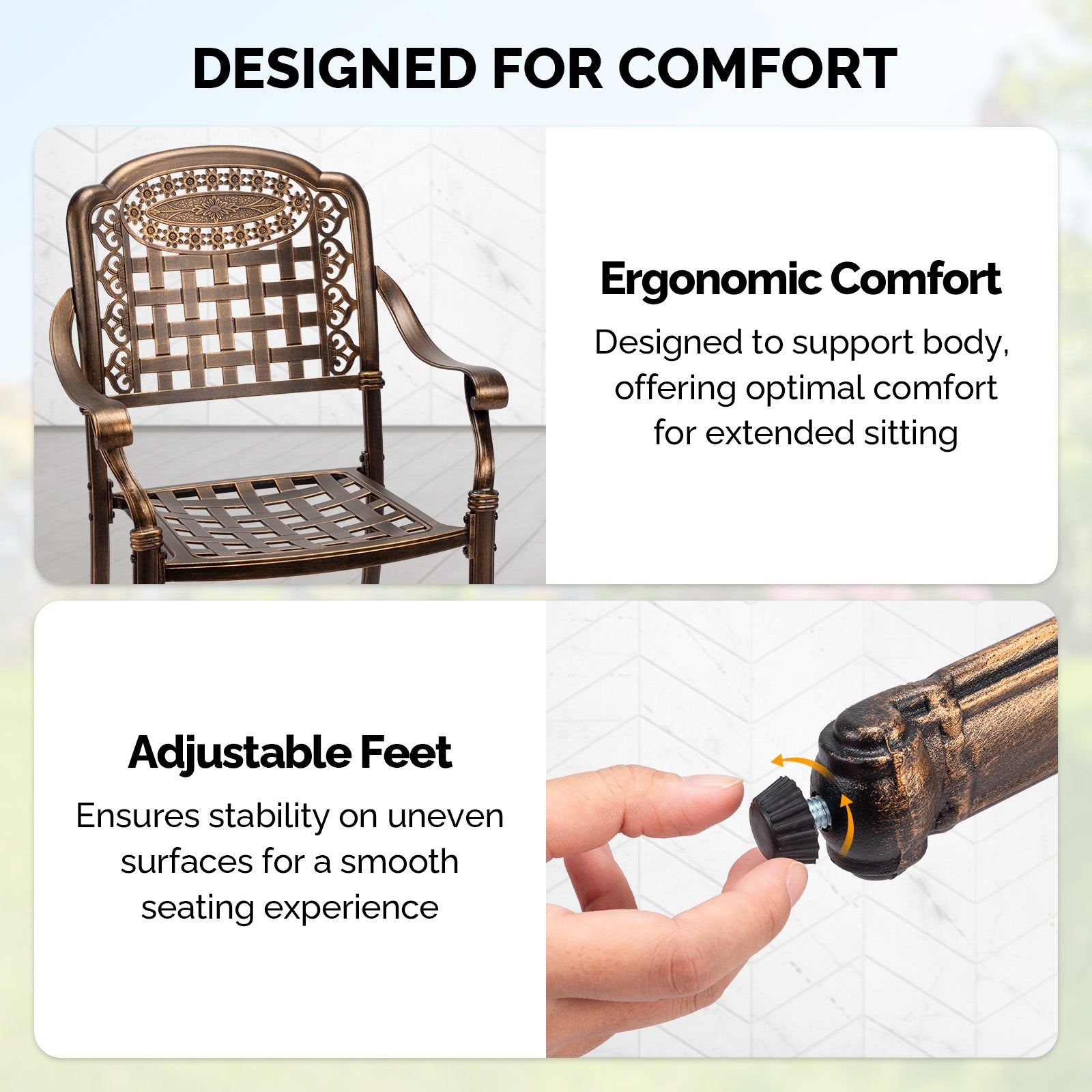 Haoyye Patio Chairs Set of 2, Stackable Outdoor Cast Aluminum Dining Chairs with Plaid Pattern and Vintage Bronze Finish, Weather Resistant Metal Armchairs for Balcony, Backyard, Deck, Porch or Poolside, No Cushion Included