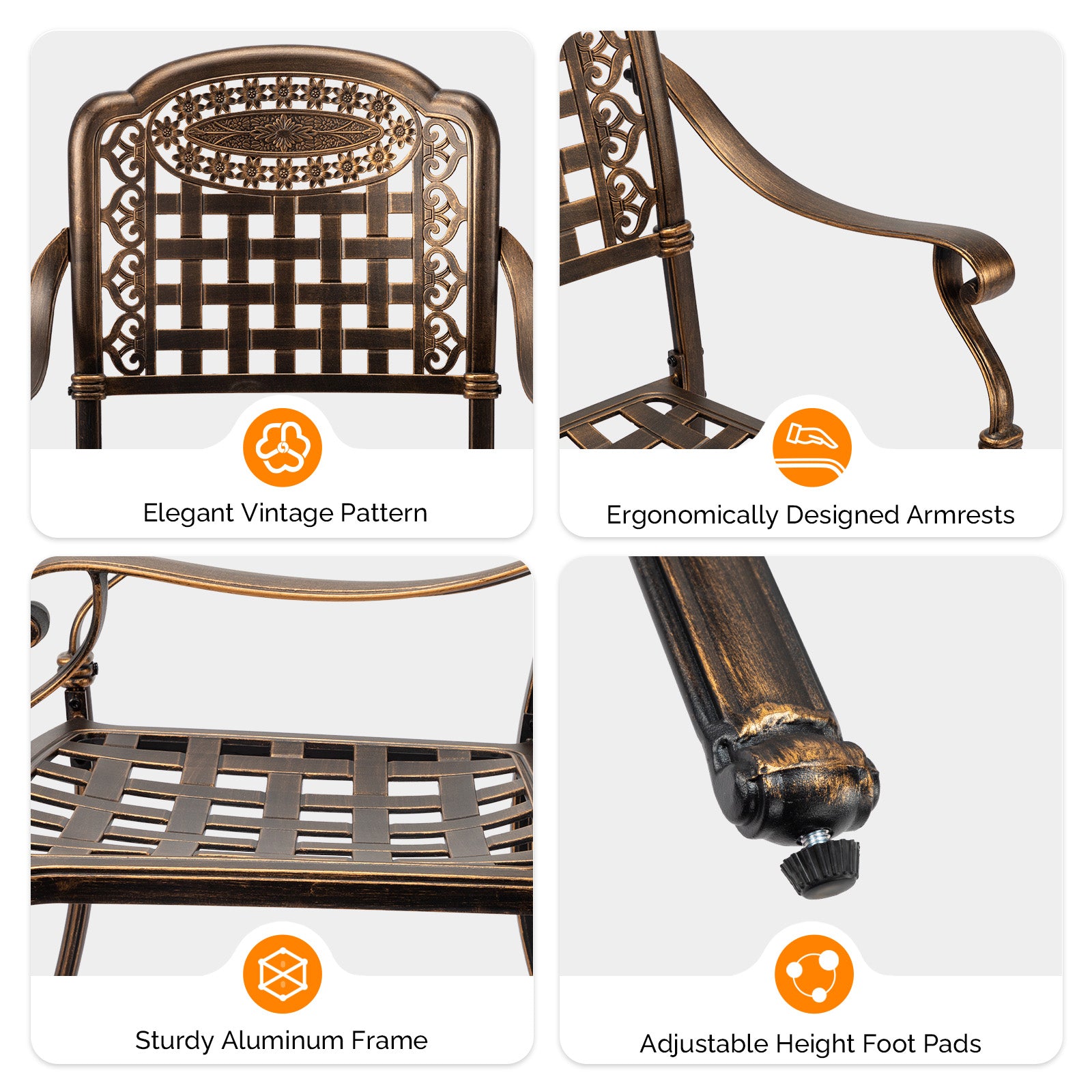Haoyye Patio Chairs Set of 2, Stackable Outdoor Cast Aluminum Dining Chairs with Plaid Pattern and Vintage Bronze Finish, Weather Resistant Metal Armchairs for Balcony, Backyard, Deck, Porch or Poolside, No Cushion Included