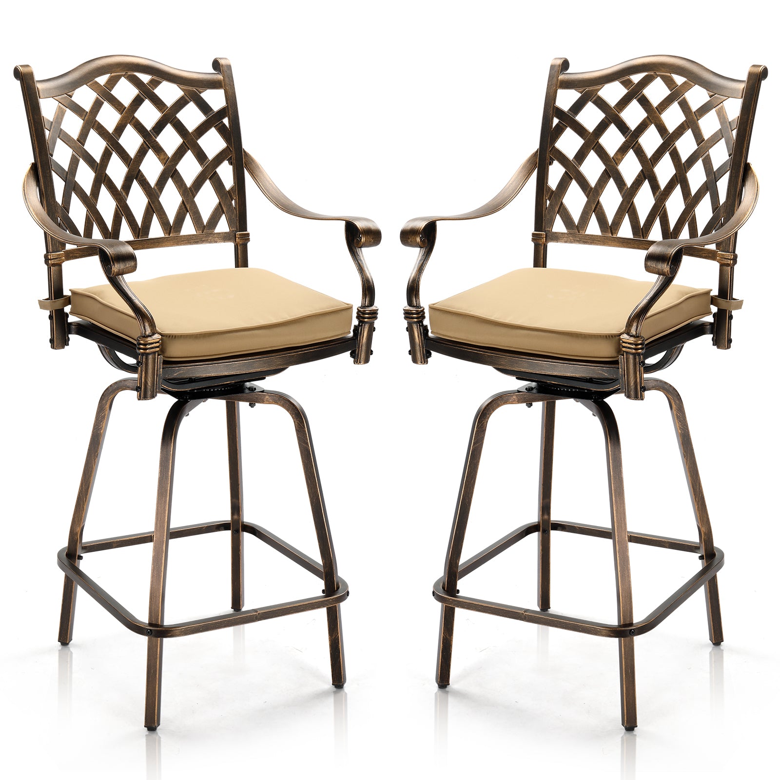 Haoyye Outdoor Swivel Bar Stools Set of 2, Cast Aluminum Patio Bar Height Chairs, All-Weather Bar Dining Chairs with Comfortable Grid Back and Durable Design, Ideal for Patios, Gardens, and Porches