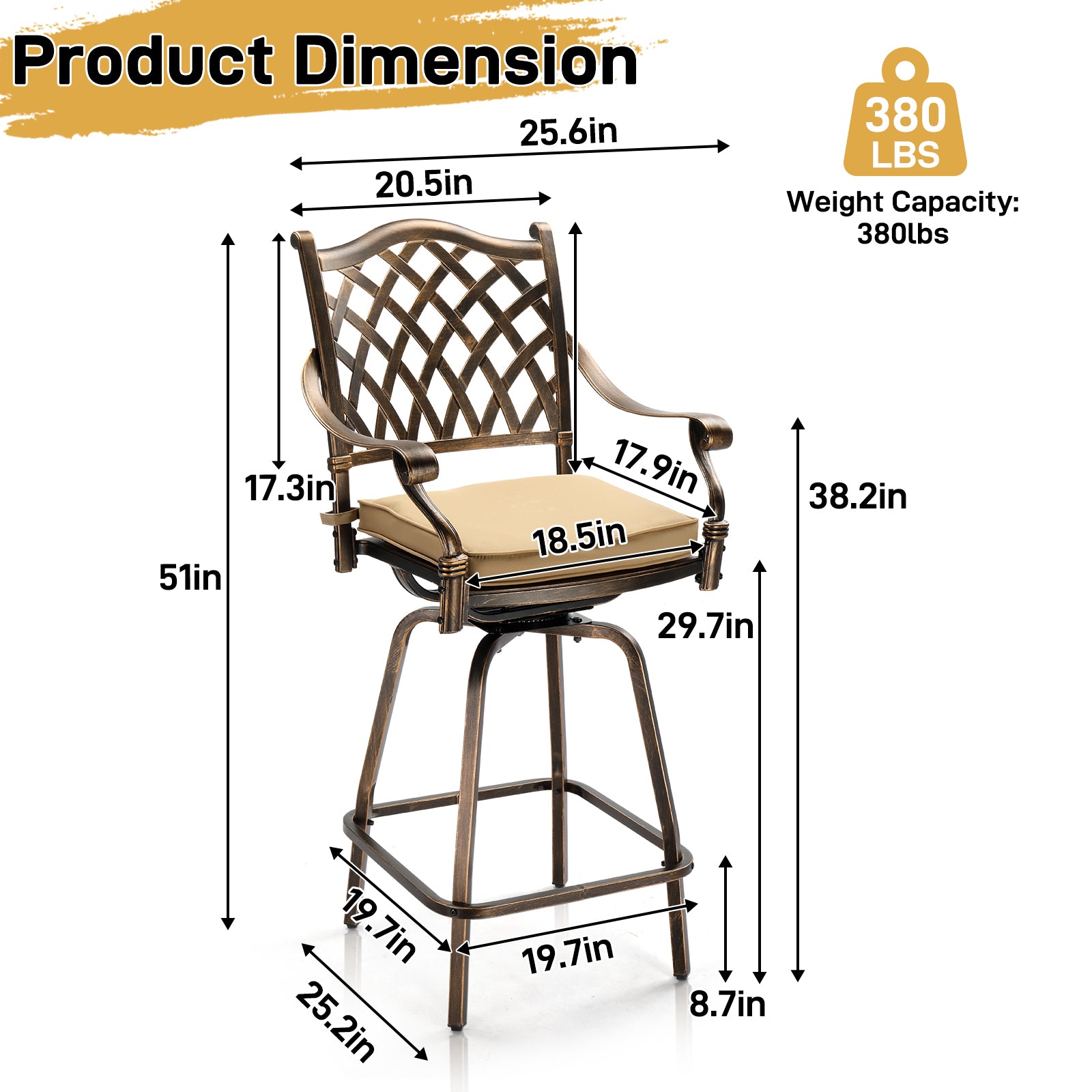 Haoyye Outdoor Swivel Bar Stools Set of 2, Cast Aluminum Patio Bar Height Chairs, All-Weather Bar Dining Chairs with Comfortable Grid Back and Durable Design, Ideal for Patios, Gardens, and Porches
