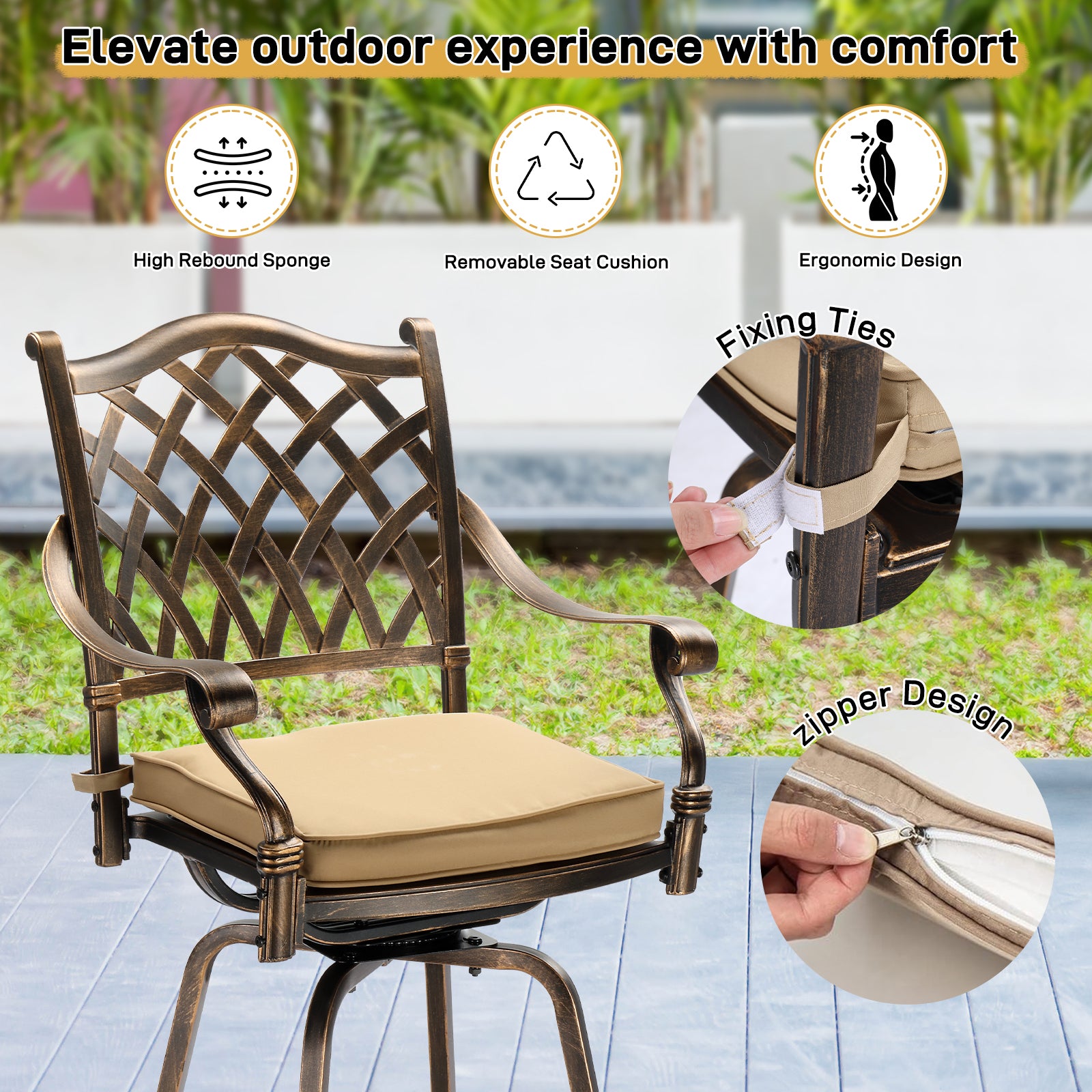 Haoyye Outdoor Swivel Bar Stools Set of 2, Cast Aluminum Patio Bar Height Chairs, All-Weather Bar Dining Chairs with Comfortable Grid Back and Durable Design, Ideal for Patios, Gardens, and Porches