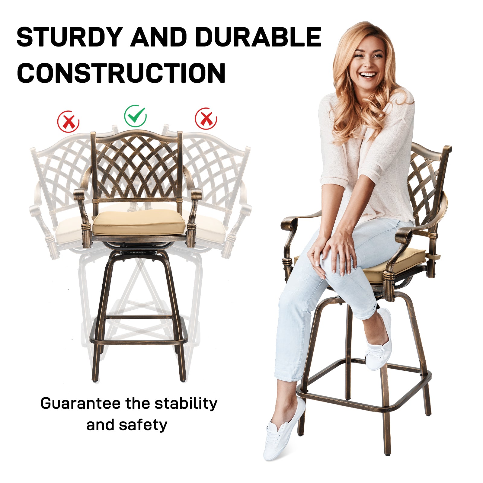 Haoyye Outdoor Swivel Bar Stools Set of 2, Cast Aluminum Patio Bar Height Chairs, All-Weather Bar Dining Chairs with Comfortable Grid Back and Durable Design, Ideal for Patios, Gardens, and Porches