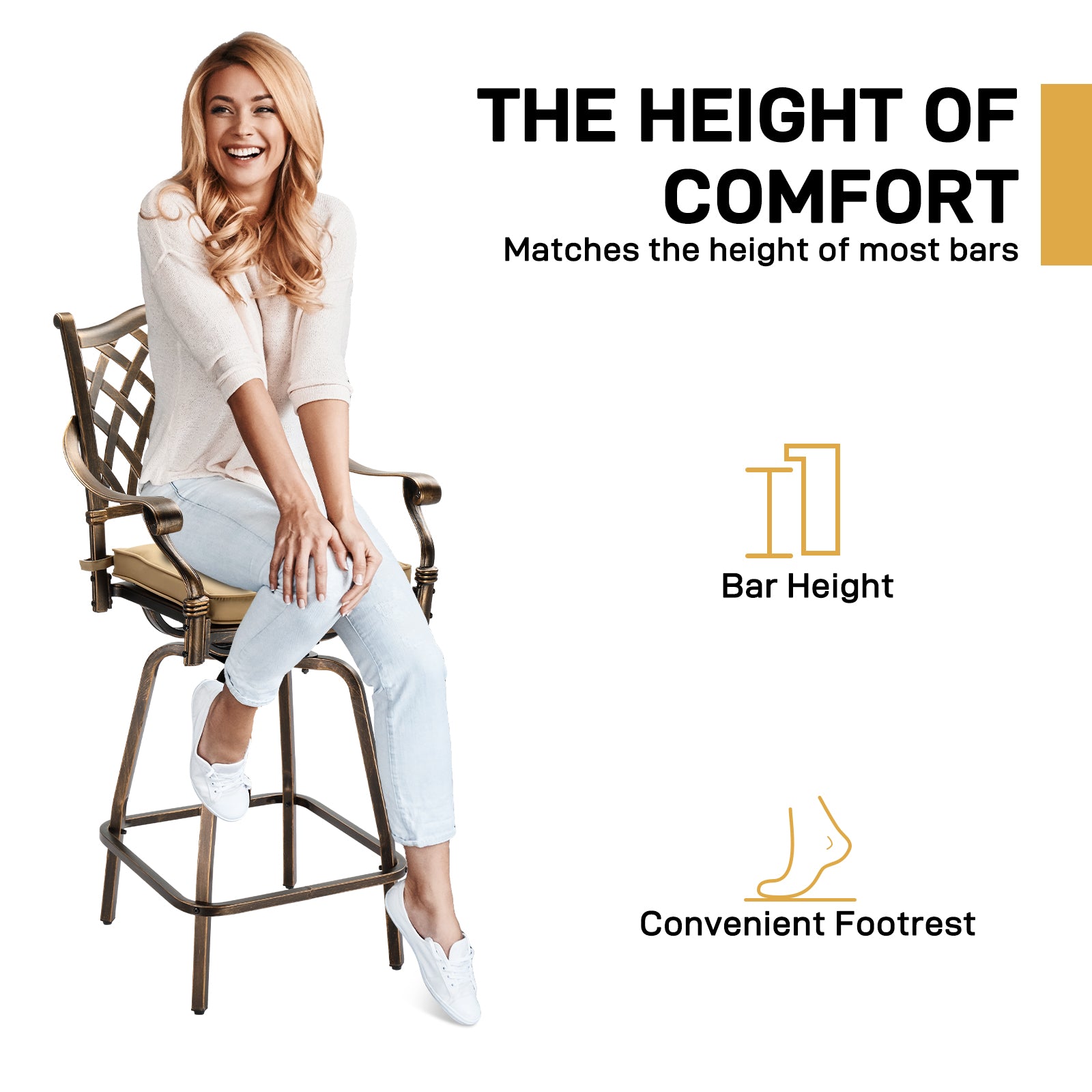 Haoyye Outdoor Swivel Bar Stools Set of 2, Cast Aluminum Patio Bar Height Chairs, All-Weather Bar Dining Chairs with Comfortable Grid Back and Durable Design, Ideal for Patios, Gardens, and Porches