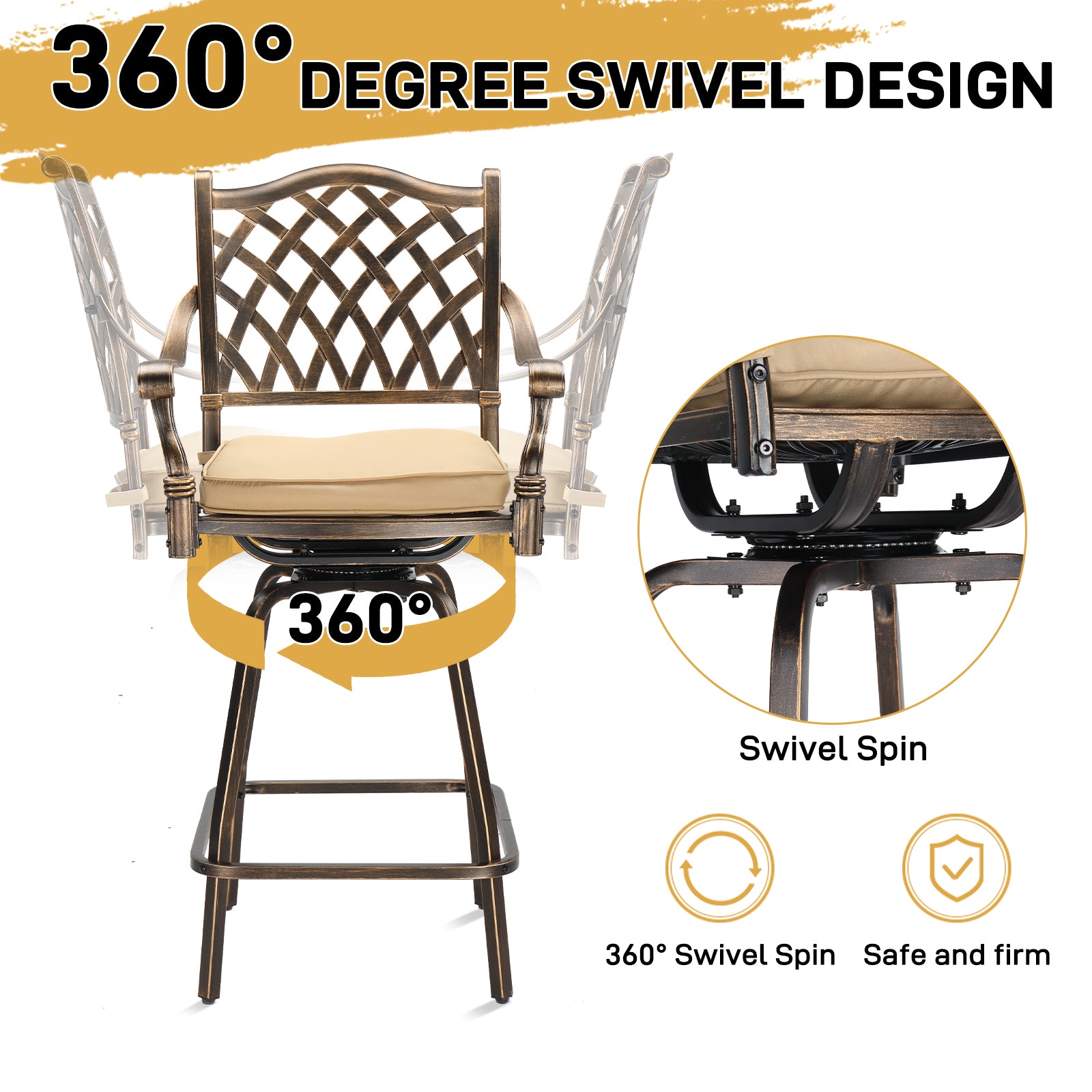Haoyye Outdoor Swivel Bar Stools Set of 2, Cast Aluminum Patio Bar Height Chairs, All-Weather Bar Dining Chairs with Comfortable Grid Back and Durable Design, Ideal for Patios, Gardens, and Porches
