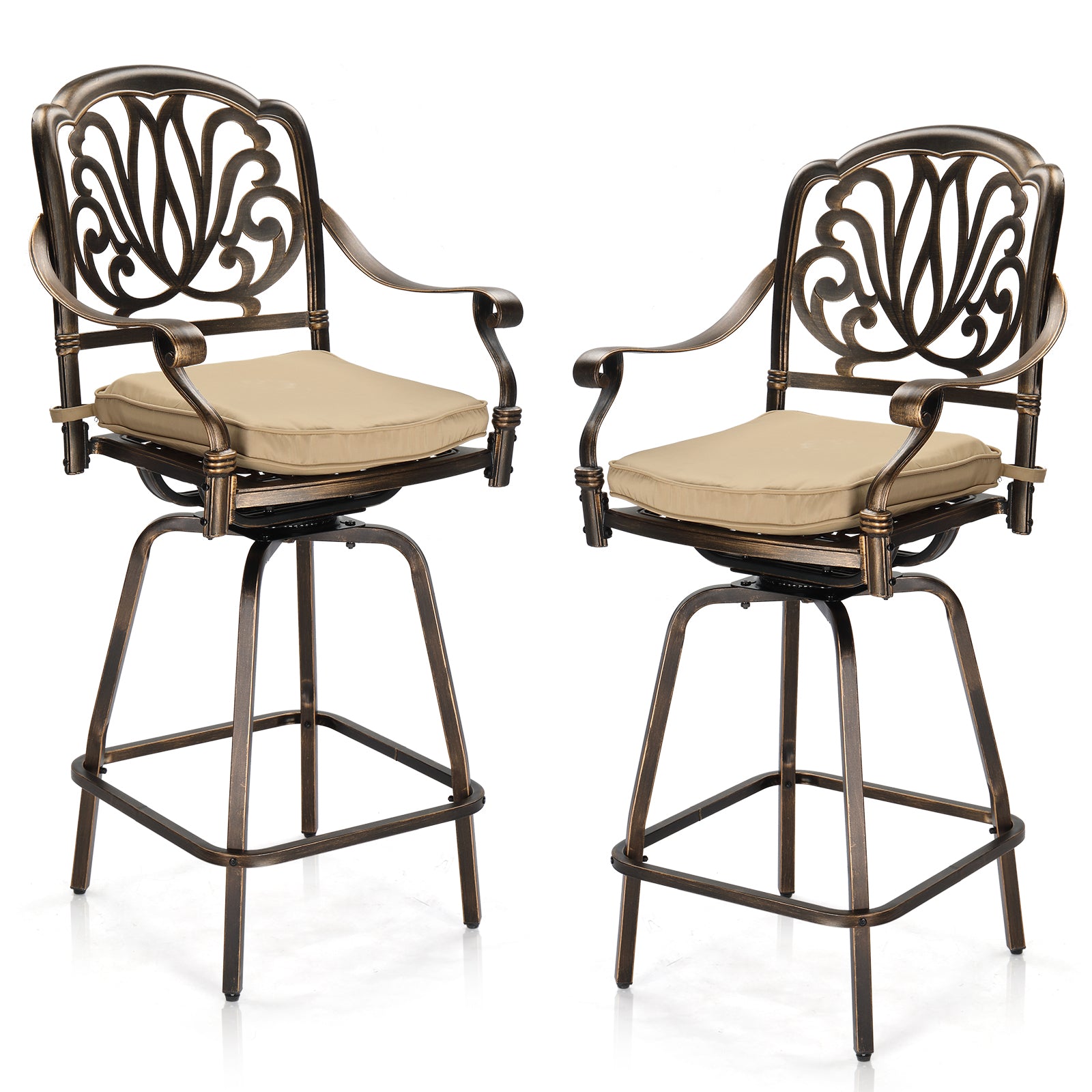 Haoyye Outdoor Swivel Bar Stools Set of 2, Cast Aluminum Patio Bar Height Chairs, All-Weather Bar Dining Chairs with Elegant Elizabethan Back, Sturdy Construction, and Comfortable Design, Perfect for Gardens, Patios, and Porches