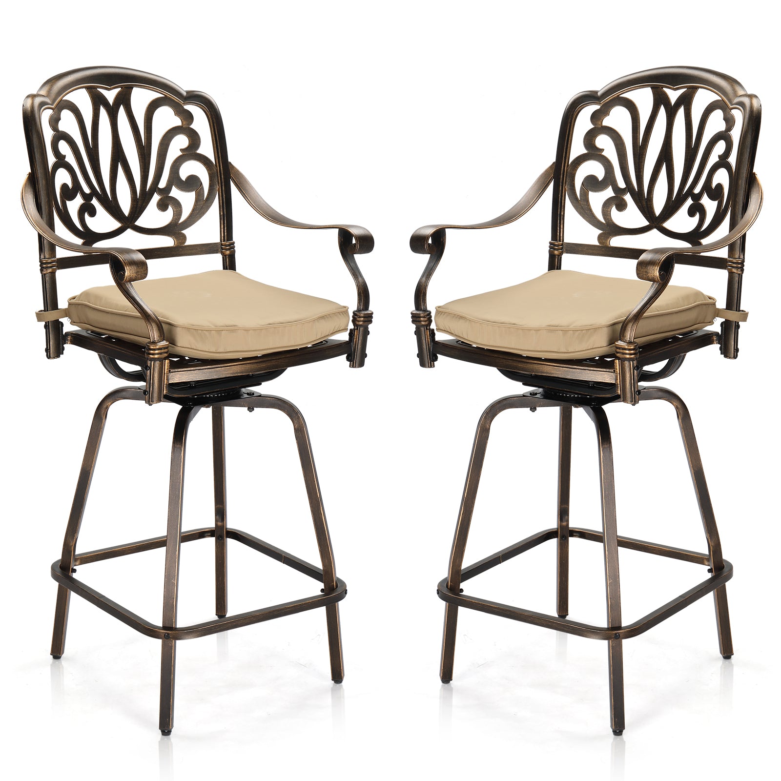 Haoyye Outdoor Swivel Bar Stools Set of 2, Cast Aluminum Patio Bar Height Chairs, All-Weather Bar Dining Chairs with Elegant Elizabethan Back, Sturdy Construction, and Comfortable Design, Perfect for Gardens, Patios, and Porches