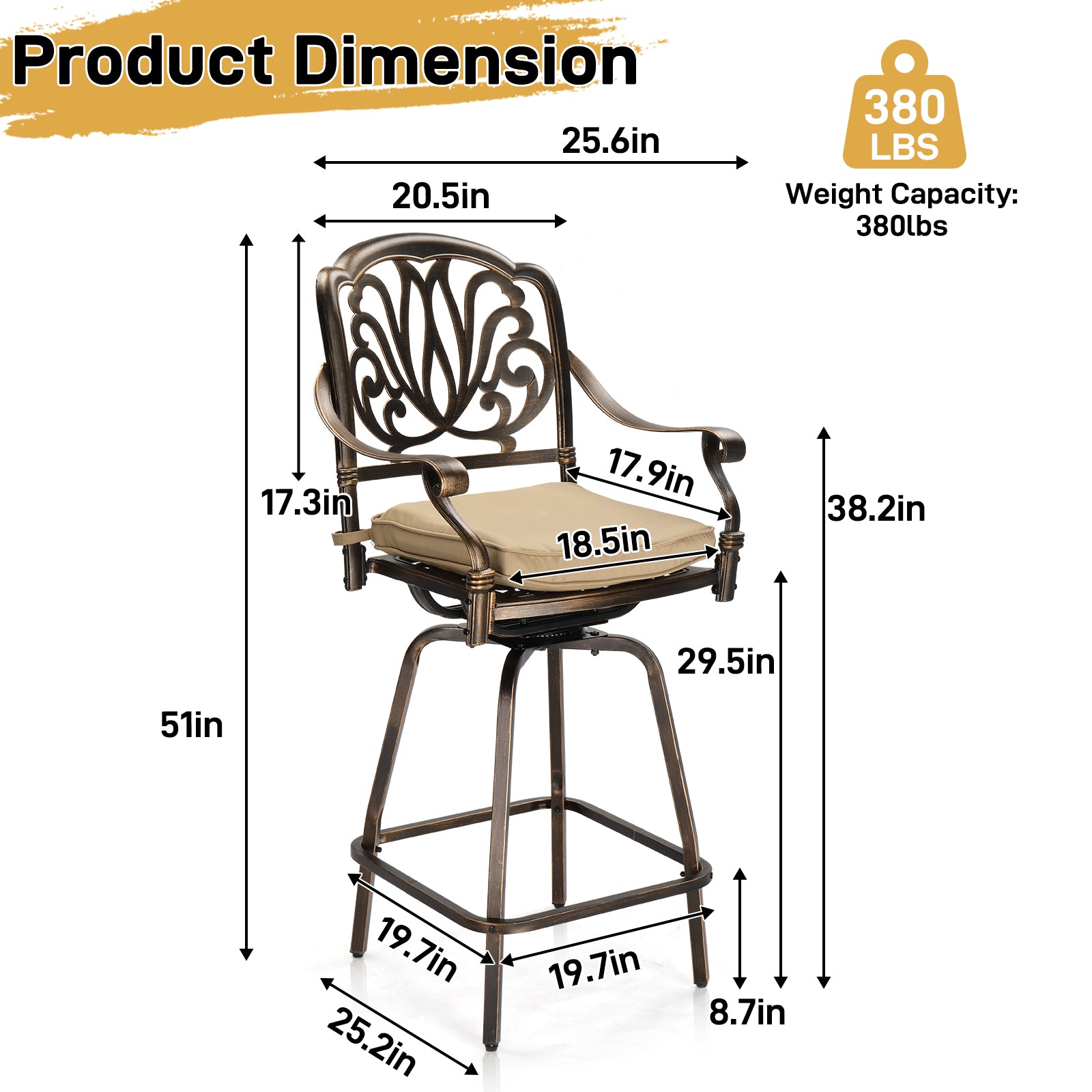Haoyye Outdoor Swivel Bar Stools Set of 2, Cast Aluminum Patio Bar Height Chairs, All-Weather Bar Dining Chairs with Elegant Elizabethan Back, Sturdy Construction, and Comfortable Design, Perfect for Gardens, Patios, and Porches