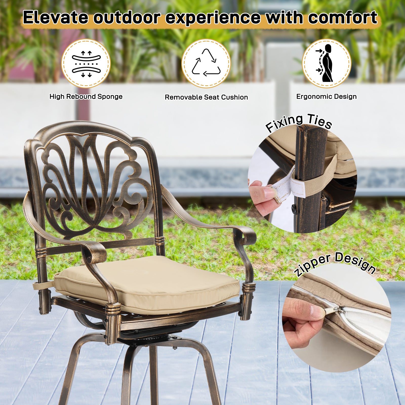 Haoyye Outdoor Swivel Bar Stools Set of 2, Cast Aluminum Patio Bar Height Chairs, All-Weather Bar Dining Chairs with Elegant Elizabethan Back, Sturdy Construction, and Comfortable Design, Perfect for Gardens, Patios, and Porches