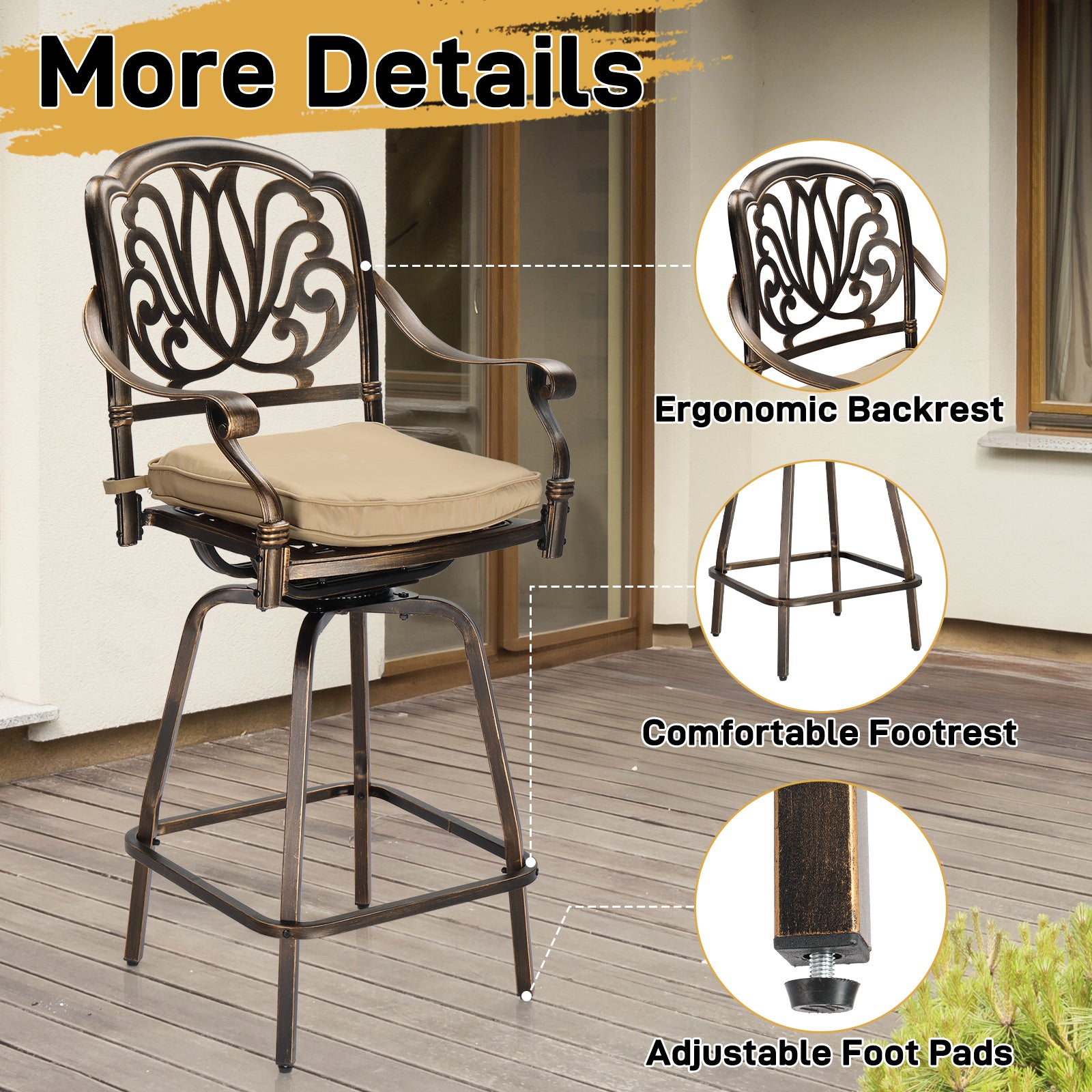 Haoyye Outdoor Swivel Bar Stools Set of 2, Cast Aluminum Patio Bar Height Chairs, All-Weather Bar Dining Chairs with Elegant Elizabethan Back, Sturdy Construction, and Comfortable Design, Perfect for Gardens, Patios, and Porches
