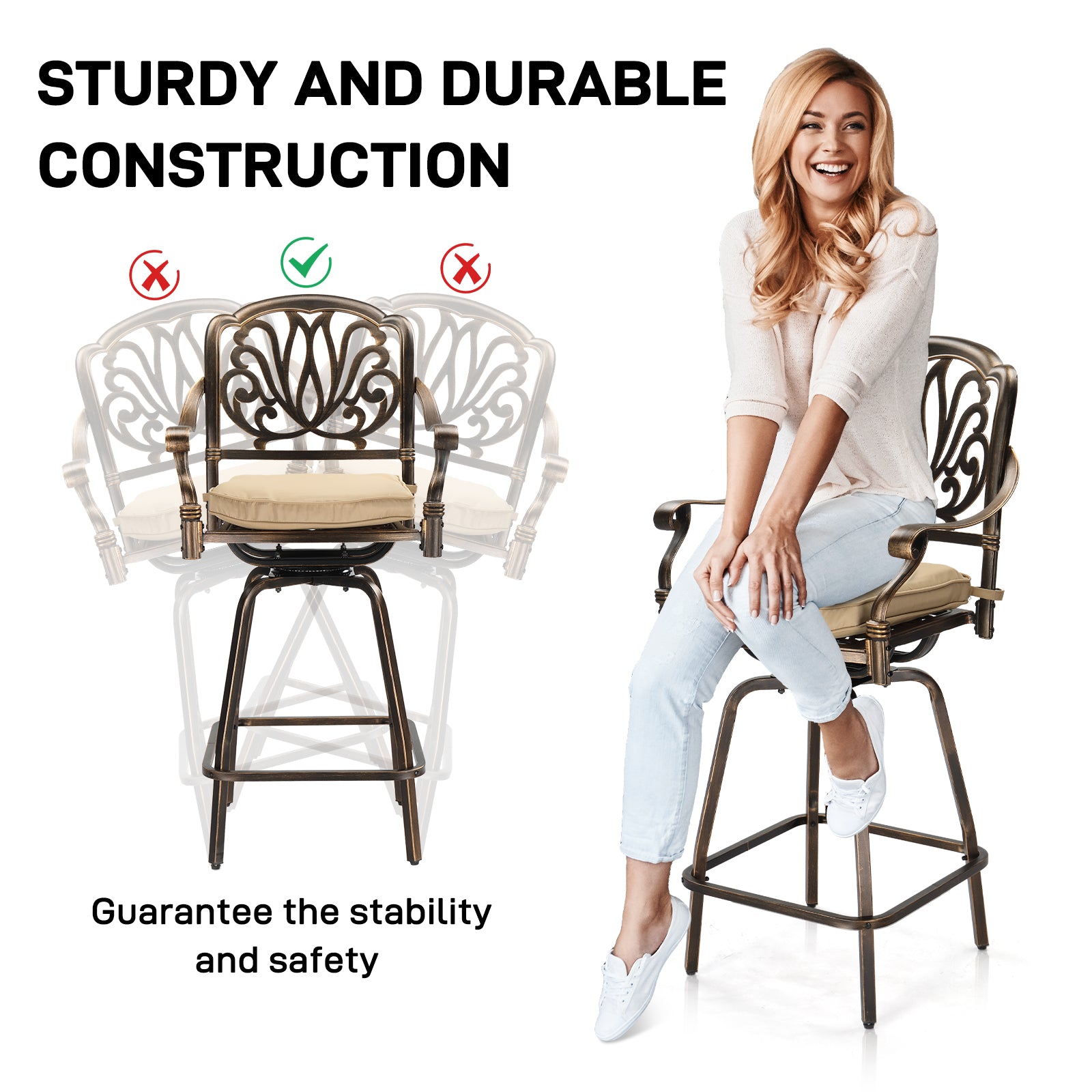 Haoyye Outdoor Swivel Bar Stools Set of 2, Cast Aluminum Patio Bar Height Chairs, All-Weather Bar Dining Chairs with Elegant Elizabethan Back, Sturdy Construction, and Comfortable Design, Perfect for Gardens, Patios, and Porches