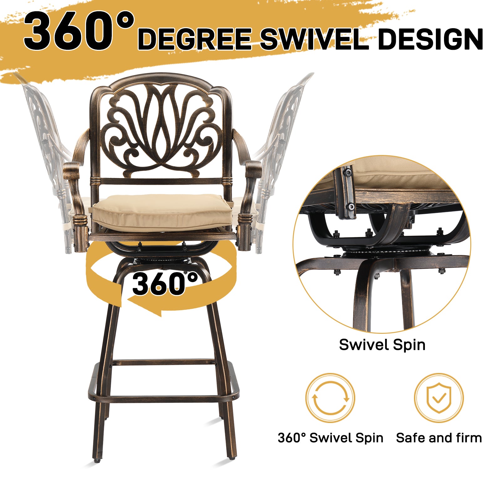 Haoyye Outdoor Swivel Bar Stools Set of 2, Cast Aluminum Patio Bar Height Chairs, All-Weather Bar Dining Chairs with Elegant Elizabethan Back, Sturdy Construction, and Comfortable Design, Perfect for Gardens, Patios, and Porches