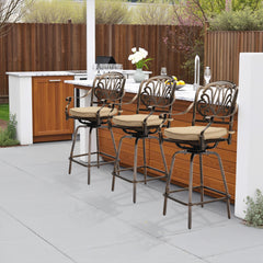 Haoyye Outdoor Swivel Bar Stools Set of 2, Cast Aluminum Patio Bar Height Chairs, All-Weather Bar Dining Chairs with Elegant Elizabethan Back, Sturdy Construction, and Comfortable Design, Perfect for Gardens, Patios, and Porches