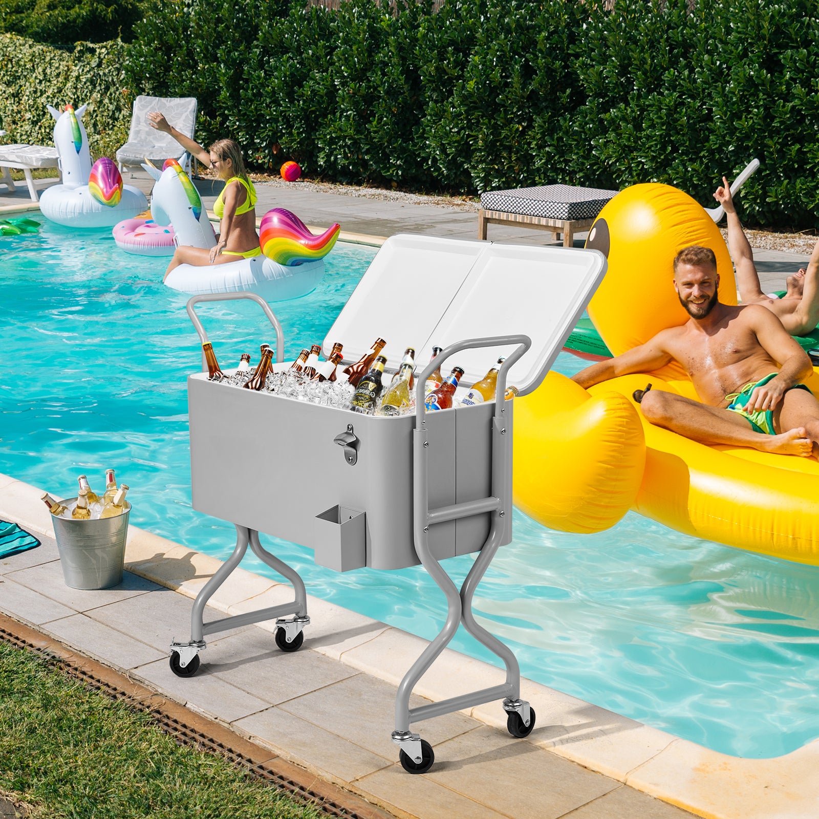 HAOYYE 80 Quart Rolling Outdoor Beverage Cooler Cart with Wheels Single Side Hinged Lid Twisted Leg Design Ice Chest Iron Body with Drainage Tube for Backyard Deck Patio Party Portable Insulated Drink Cooler for BBQ and Entertaining