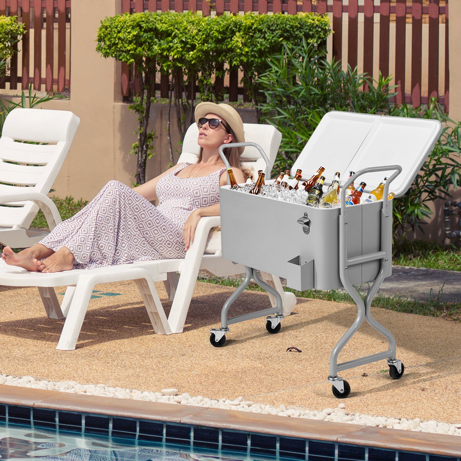 HAOYYE 80 Quart Rolling Outdoor Beverage Cooler Cart with Wheels Single Side Hinged Lid Twisted Leg Design Ice Chest Iron Body with Drainage Tube for Backyard Deck Patio Party Portable Insulated Drink Cooler for BBQ and Entertaining