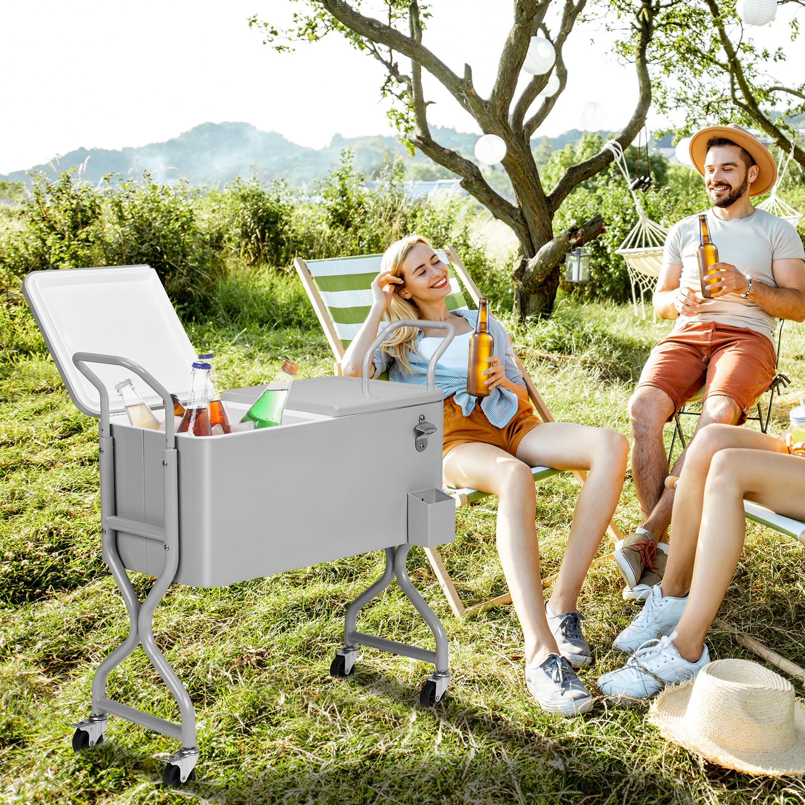 HAOYYE 80 Quart Rolling Outdoor Beverage Cooler Cart with Wheels Single Side Hinged Lid Twisted Leg Design Ice Chest Iron Body with Drainage Tube for Backyard Deck Patio Party Portable Insulated Drink Cooler for BBQ and Entertaining