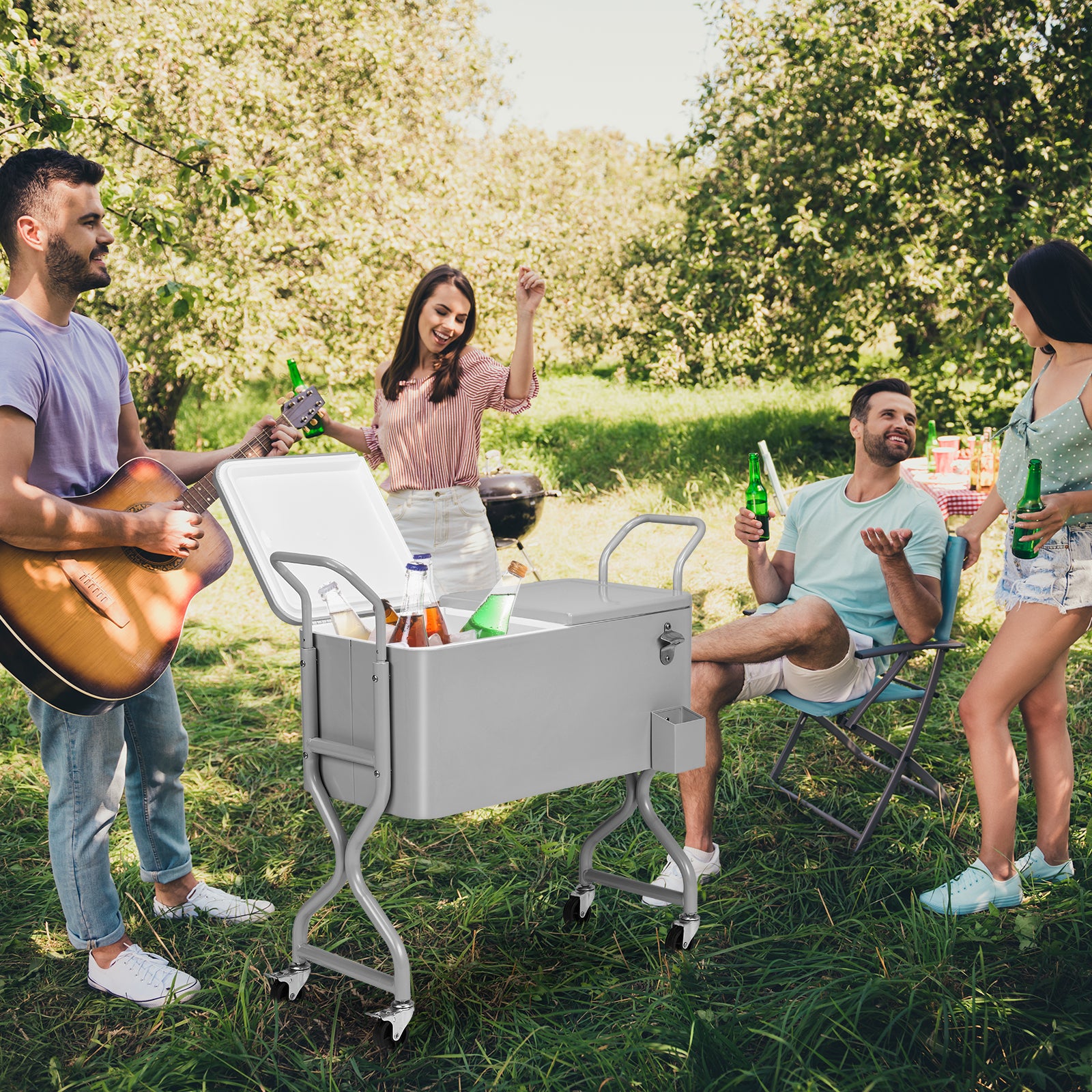 HAOYYE 80 Quart Rolling Outdoor Beverage Cooler Cart with Wheels Single Side Hinged Lid Twisted Leg Design Ice Chest Iron Body with Drainage Tube for Backyard Deck Patio Party Portable Insulated Drink Cooler for BBQ and Entertaining