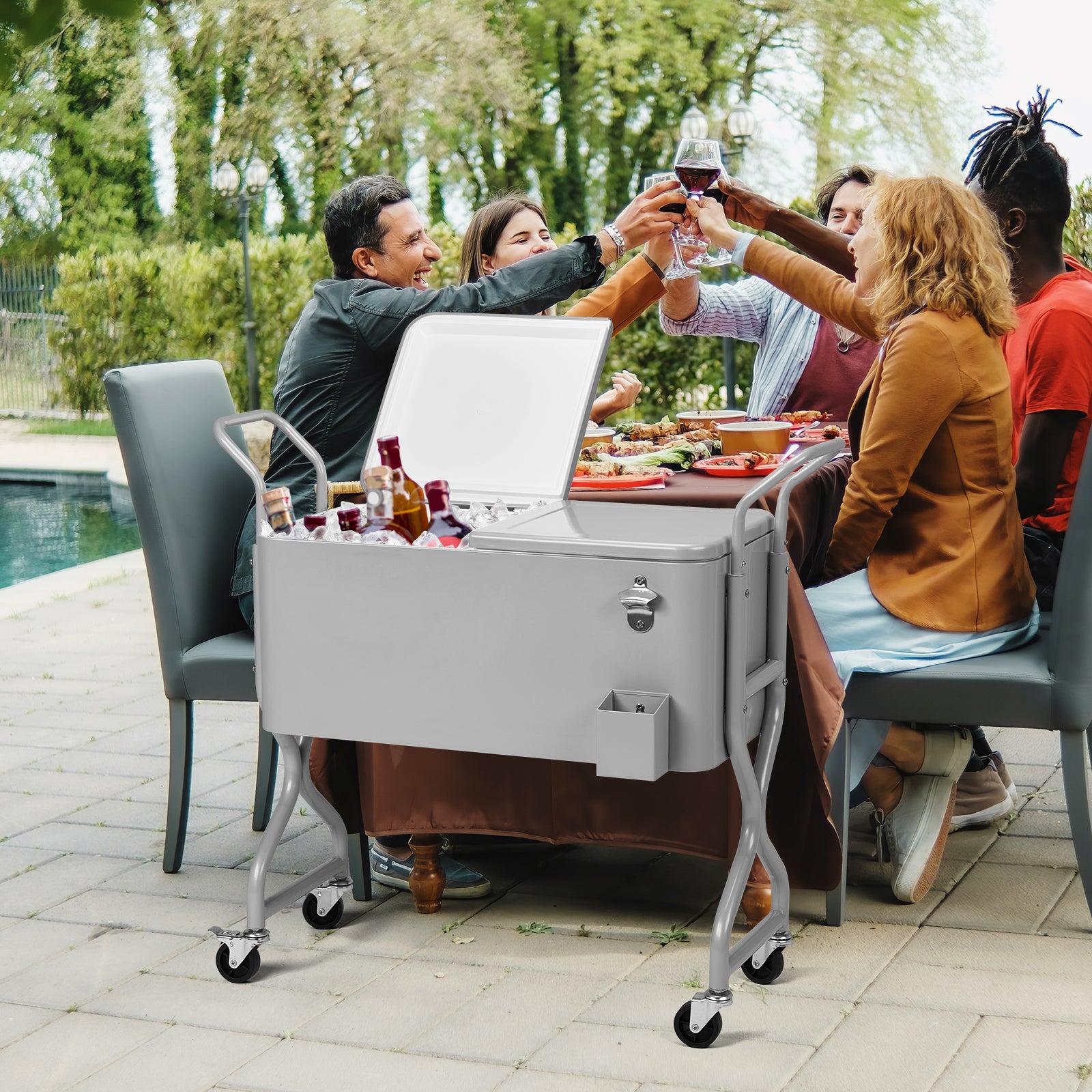 HAOYYE 80 Quart Rolling Outdoor Beverage Cooler Cart with Wheels Single Side Hinged Lid Twisted Leg Design Ice Chest Iron Body with Drainage Tube for Backyard Deck Patio Party Portable Insulated Drink Cooler for BBQ and Entertaining
