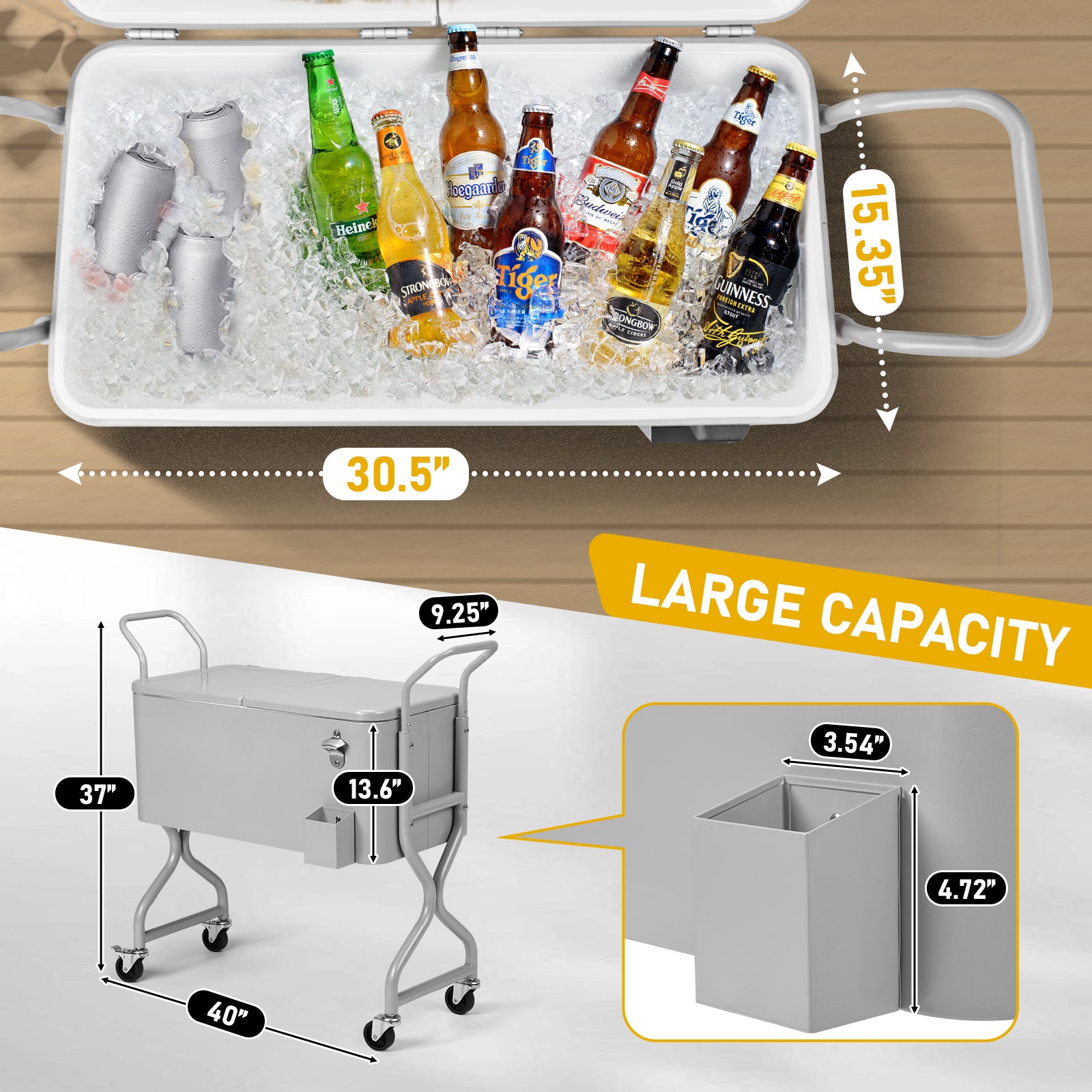 HAOYYE 80 Quart Rolling Outdoor Beverage Cooler Cart with Wheels Single Side Hinged Lid Twisted Leg Design Ice Chest Iron Body with Drainage Tube for Backyard Deck Patio Party Portable Insulated Drink Cooler for BBQ and Entertaining