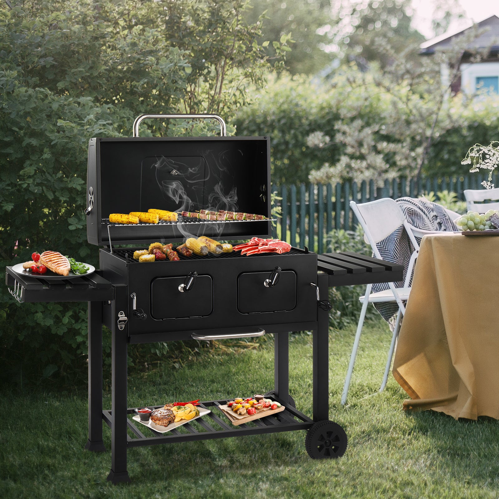 HAOYYE Charcoal Grill Outdoor BBQ Grill with Extra Large Cooking Area Dual Adjustable Charcoal Trays Front Fuel Access Doors Foldable Side Tables Wheels for Backyard Camping Picnic Party
