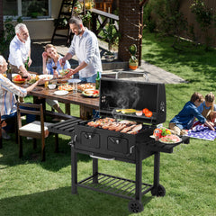 HAOYYE Charcoal Grill Outdoor BBQ Grill with Extra Large Cooking Area Dual Adjustable Charcoal Trays Front Fuel Access Doors Foldable Side Tables Wheels for Backyard Camping Picnic Party