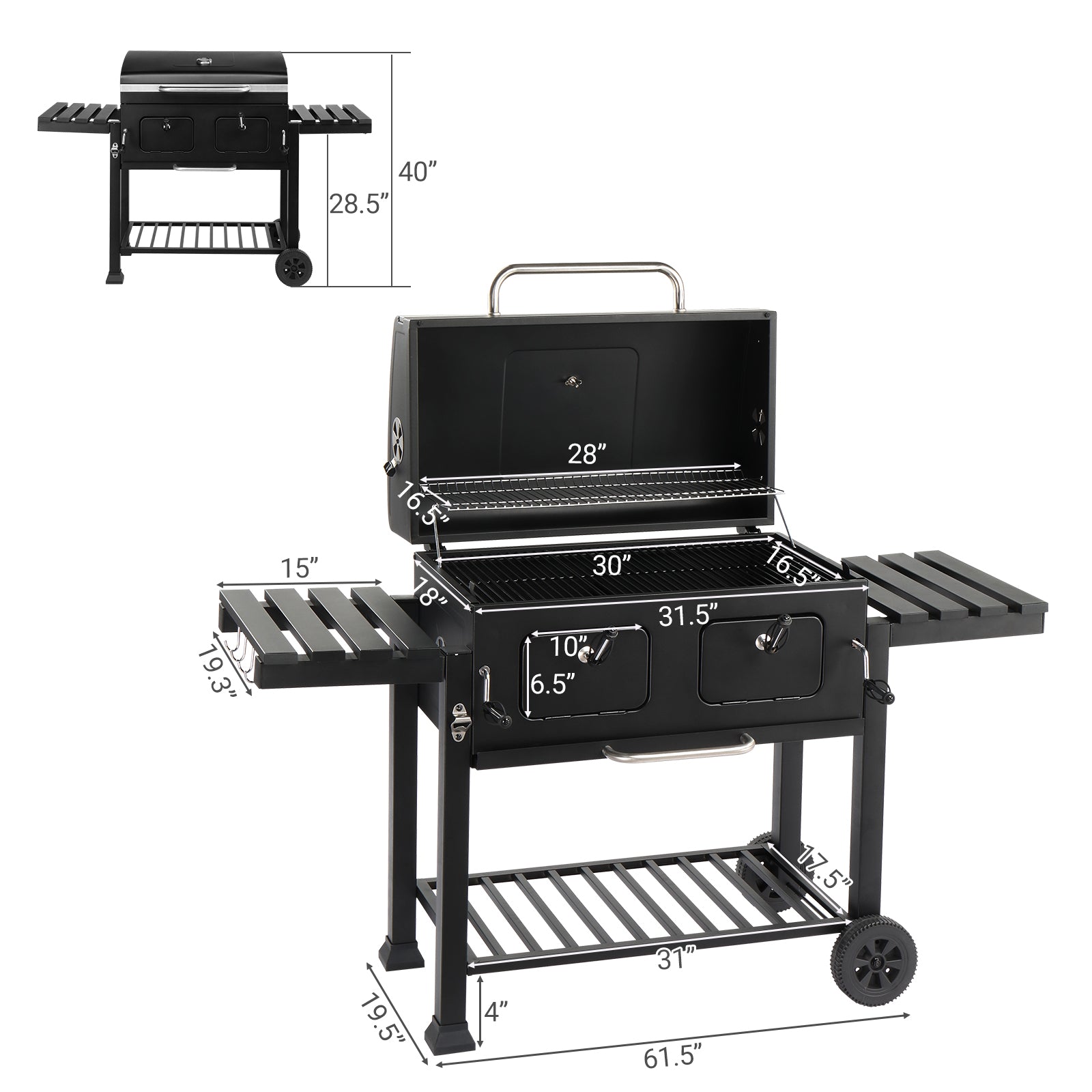 HAOYYE Charcoal Grill Outdoor BBQ Grill with Extra Large Cooking Area Dual Adjustable Charcoal Trays Front Fuel Access Doors Foldable Side Tables Wheels for Backyard Camping Picnic Party