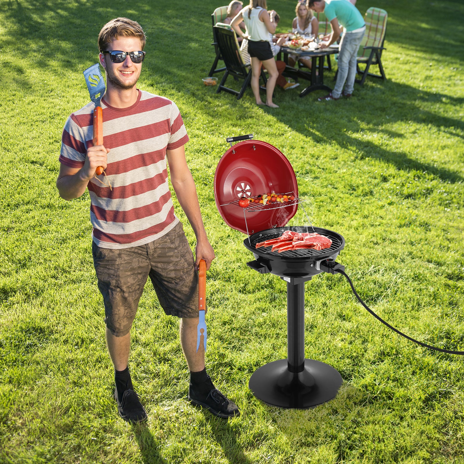 HAOYYE Electric BBQ Grill with Stand Portable Double Layer Grill for Indoor Outdoor Use 1600W Nonstick Removable Grill Plate Smokeless Electric Barbecue Cooker for Patio Balcony Kitchen Garden Parties Easy to Clean Red