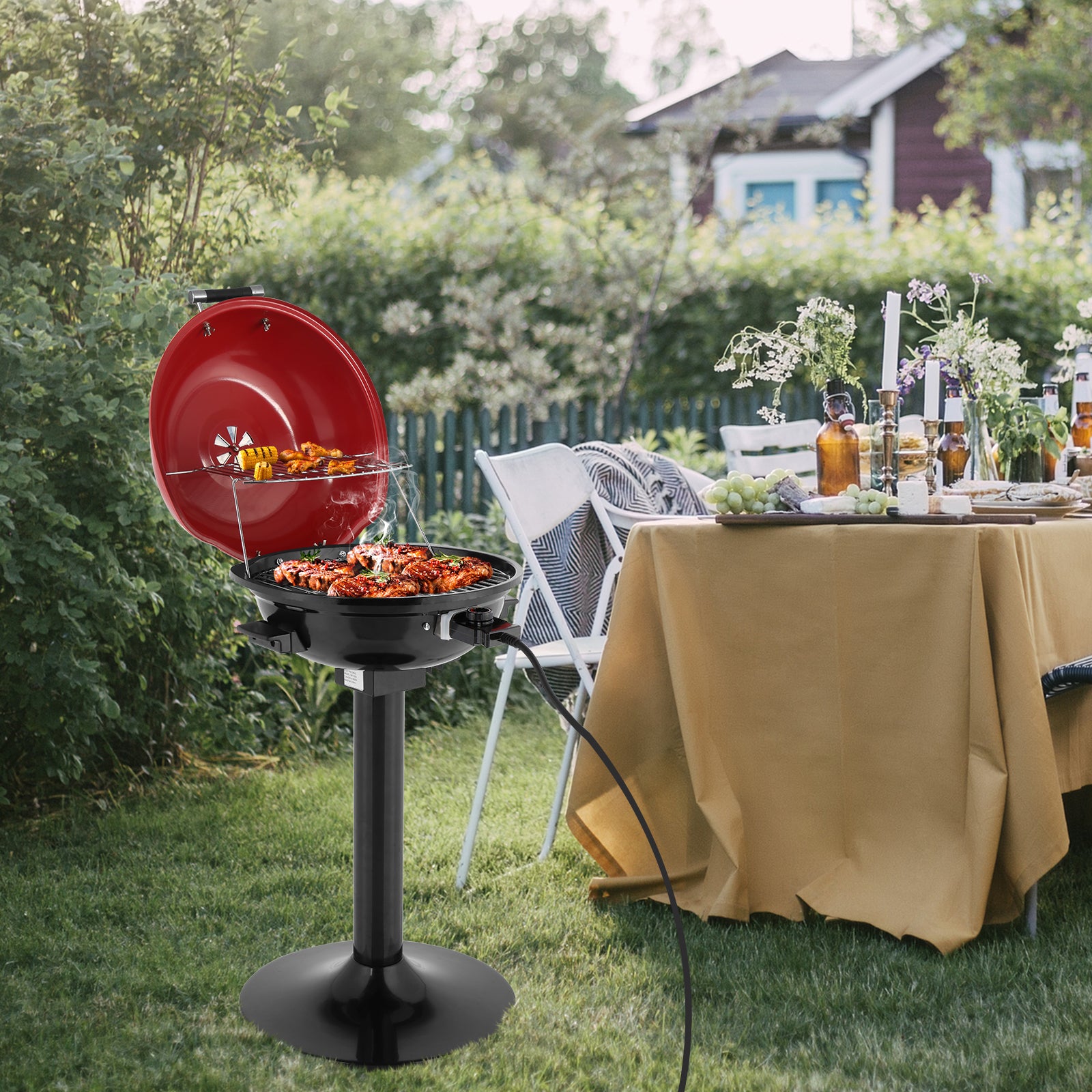HAOYYE Electric BBQ Grill with Stand Portable Double Layer Grill for Indoor Outdoor Use 1600W Nonstick Removable Grill Plate Smokeless Electric Barbecue Cooker for Patio Balcony Kitchen Garden Parties Easy to Clean Red