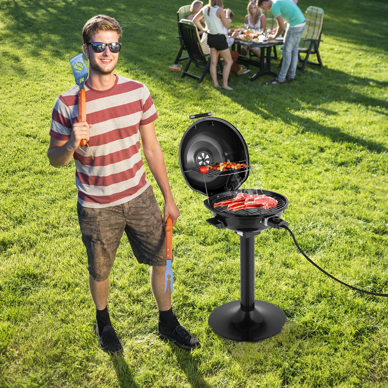 HAOYYE Electric BBQ Grill with Stand Portable 1600W Double Layer Smokeless Grill for Indoor Outdoor Use Nonstick Removable Grill Plate Adjustable Temperature Electric Barbecue Cooker for Patio Balcony Kitchen Garden Easy to Clean Black
